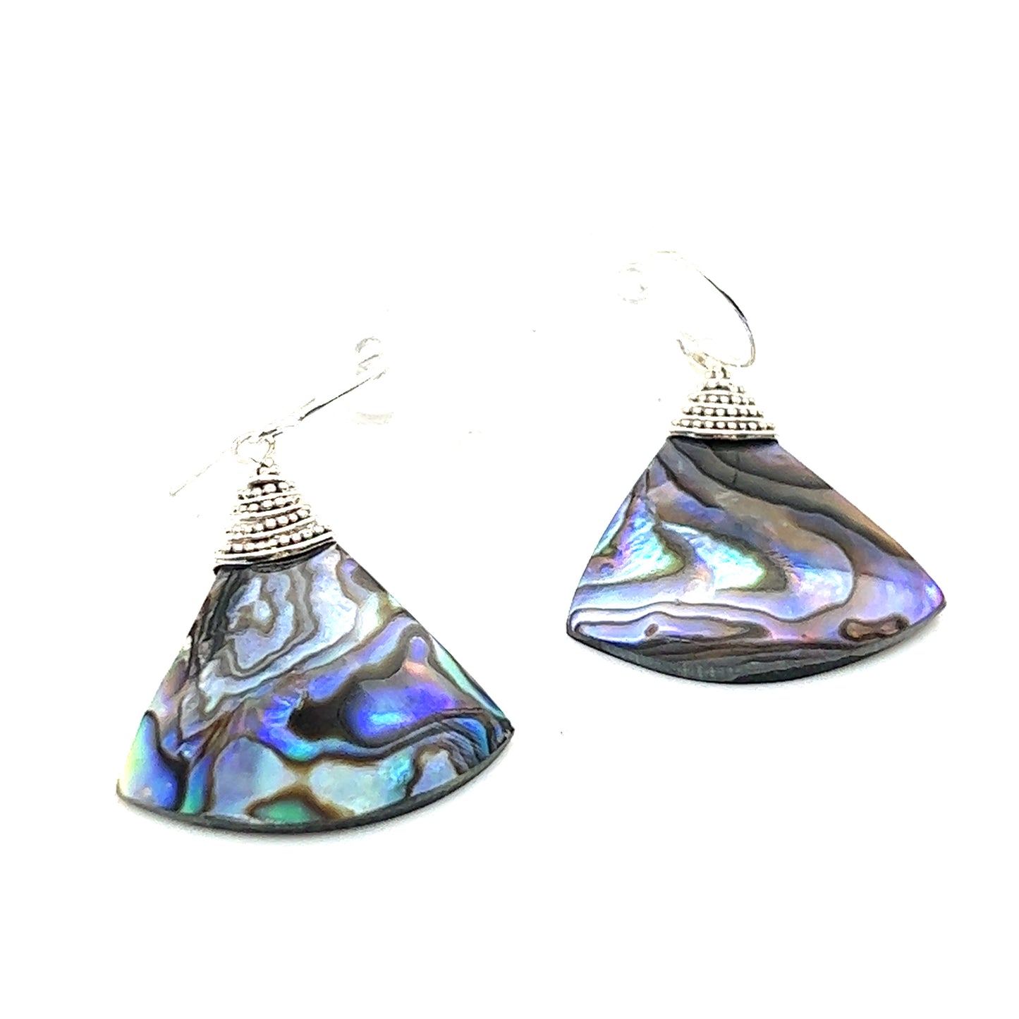 
                  
                    A pair of Super Silver Abstract Abalone Earrings on a white background, highlighting their silver sheen and sea charm.
                  
                