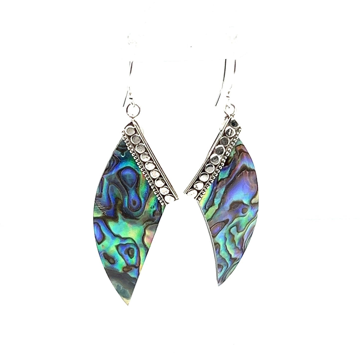 
                  
                    A pair of Super Silver Abstract Abalone Earrings on a white background, exuding a sea charm.
                  
                