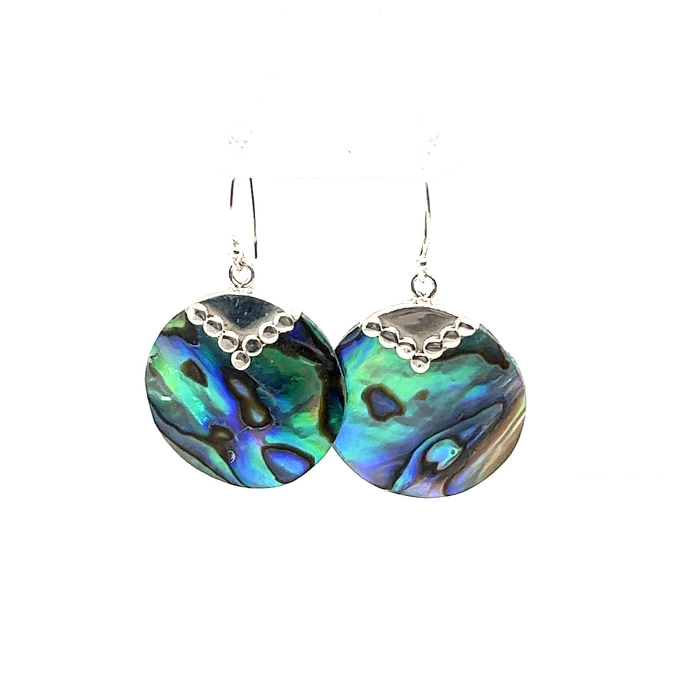 
                  
                    A pair of Super Silver Abstract Abalone earrings with a sea charm on a white background.
                  
                