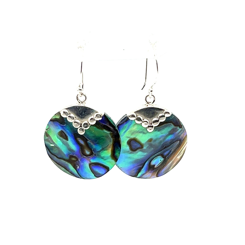 
                  
                    A pair of Super Silver Abstract Abalone Earrings with a sea charm on a white background.
                  
                