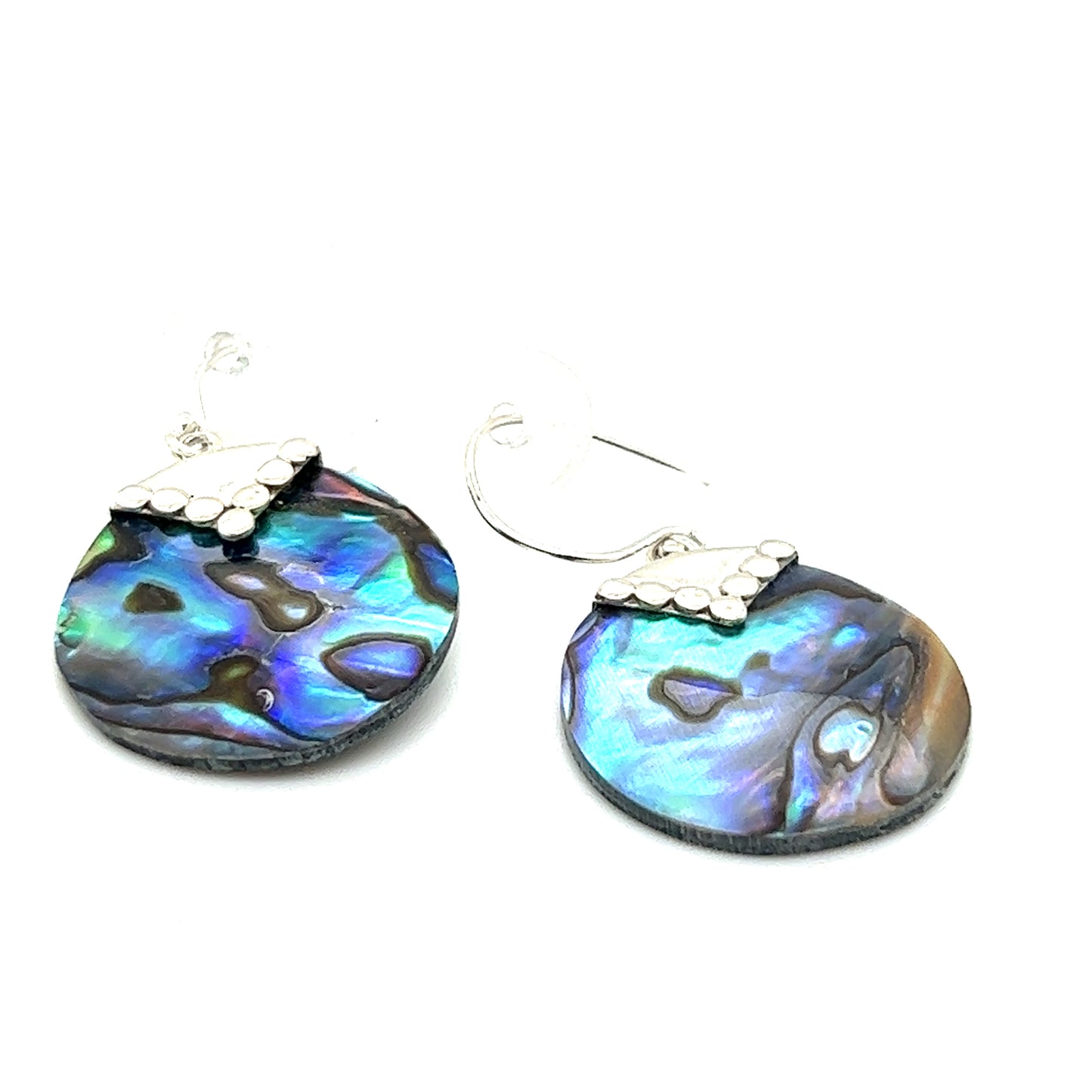 A pair of Super Silver Abstract Abalone Earrings on a white background, exuding sea charm.