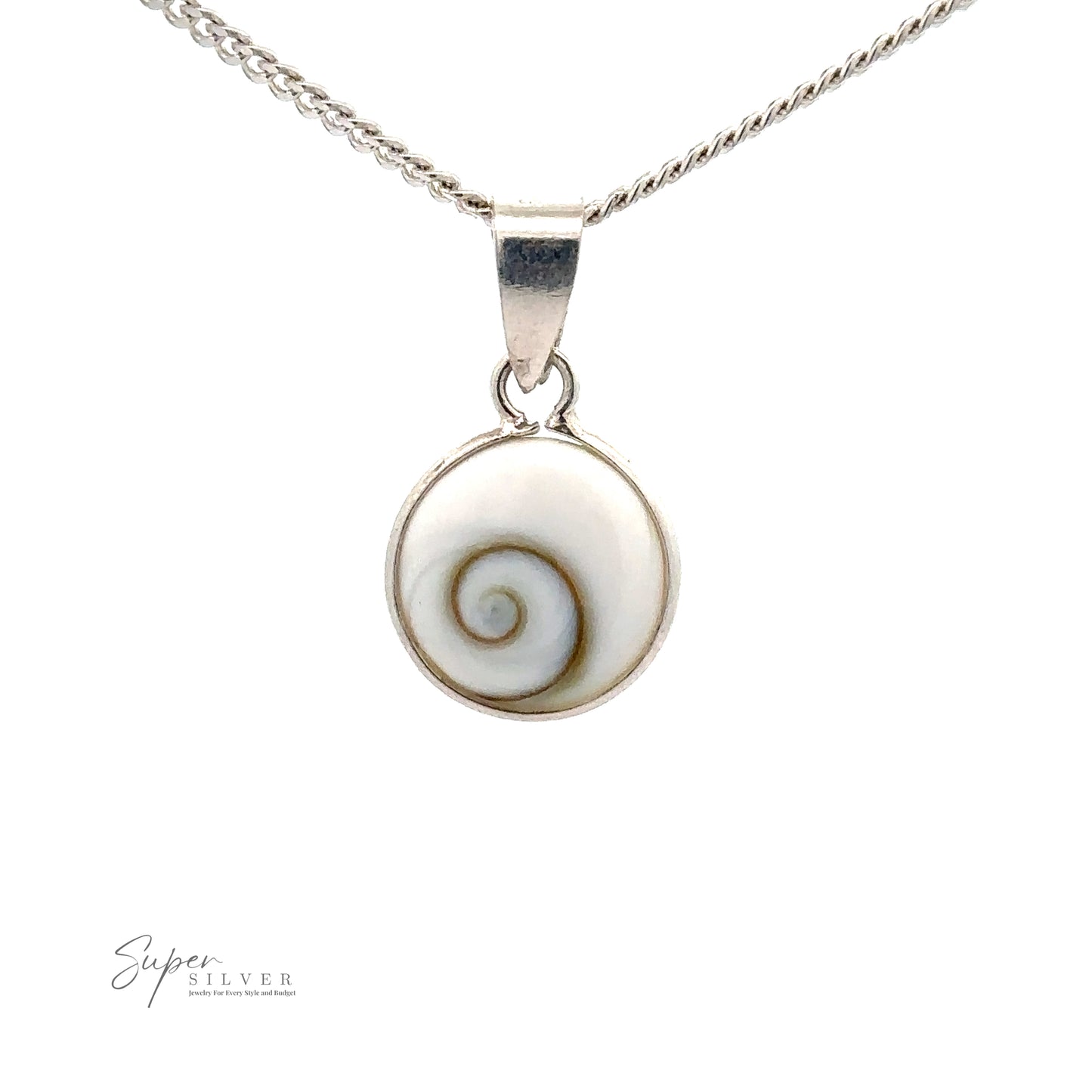 
                  
                    A .925 Sterling Silver necklace with a Small Round Shiva Shell Pendant featuring a spiral design on a white background. The "Super Silver" logo is in the bottom left corner, adding coastal elegance to the piece.
                  
                