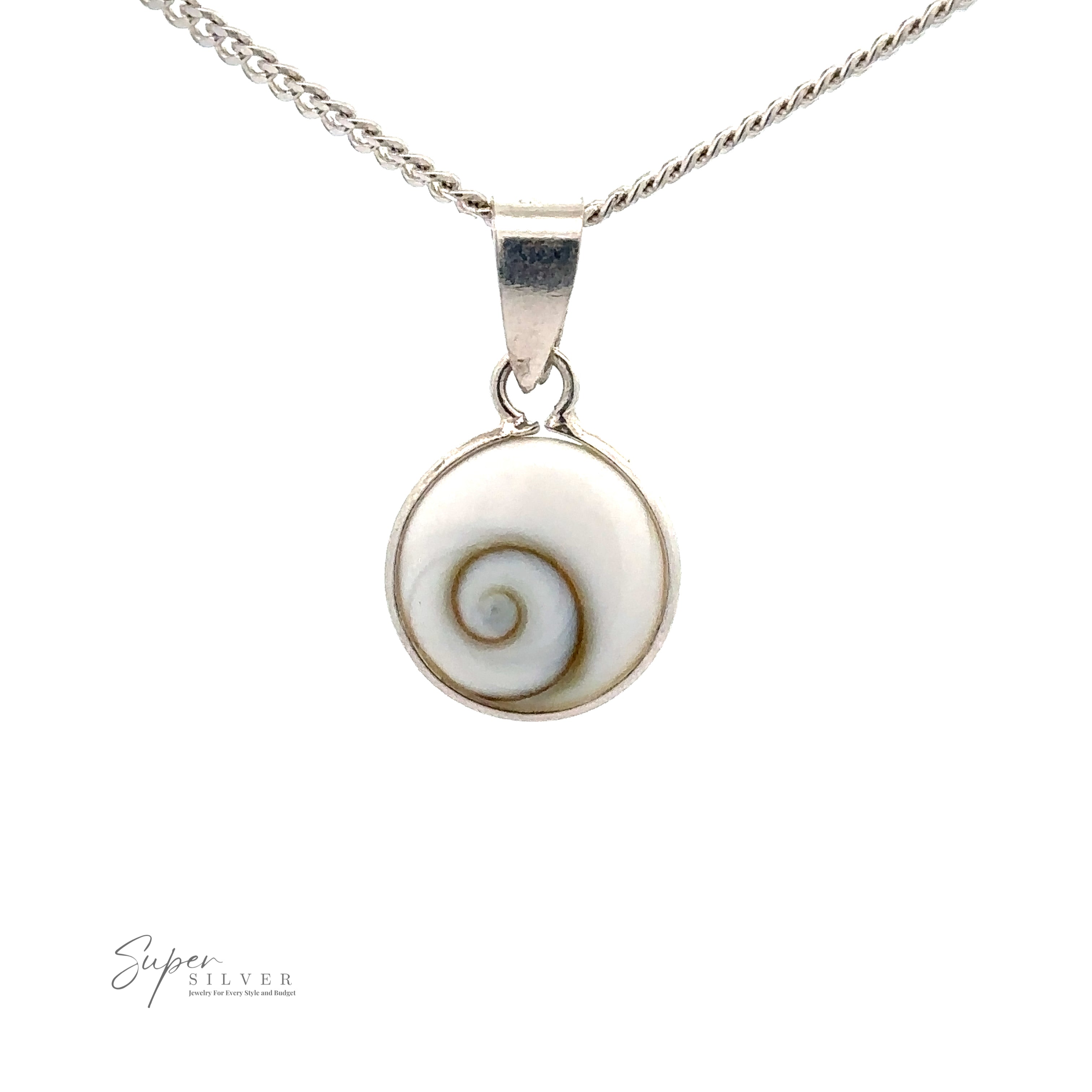 A .925 Sterling Silver necklace with a Small Round Shiva Shell Pendant featuring a spiral design on a white background. The "Super Silver" logo is in the bottom left corner, adding coastal elegance to the piece.