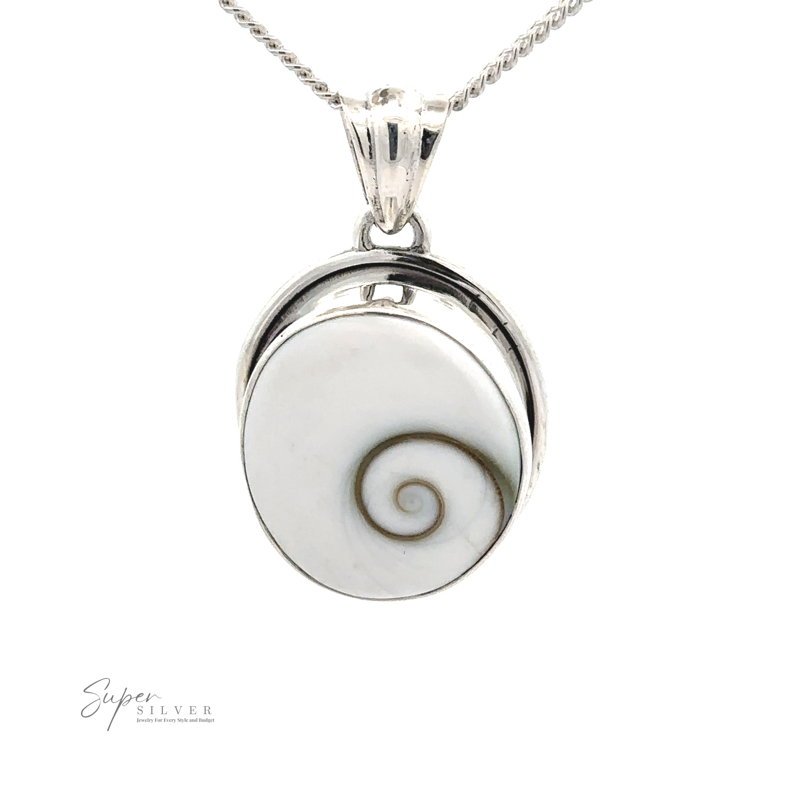 A silver necklace with a pendant featuring a spiral design on a white background. Perfect for any ocean lover, this Shiva Shell Pendant is beautifully complemented by a twisted chain. The oval-shaped pendant adds to its bohemian jewelry charm, with "Super Silver" visible in the lower left corner.
