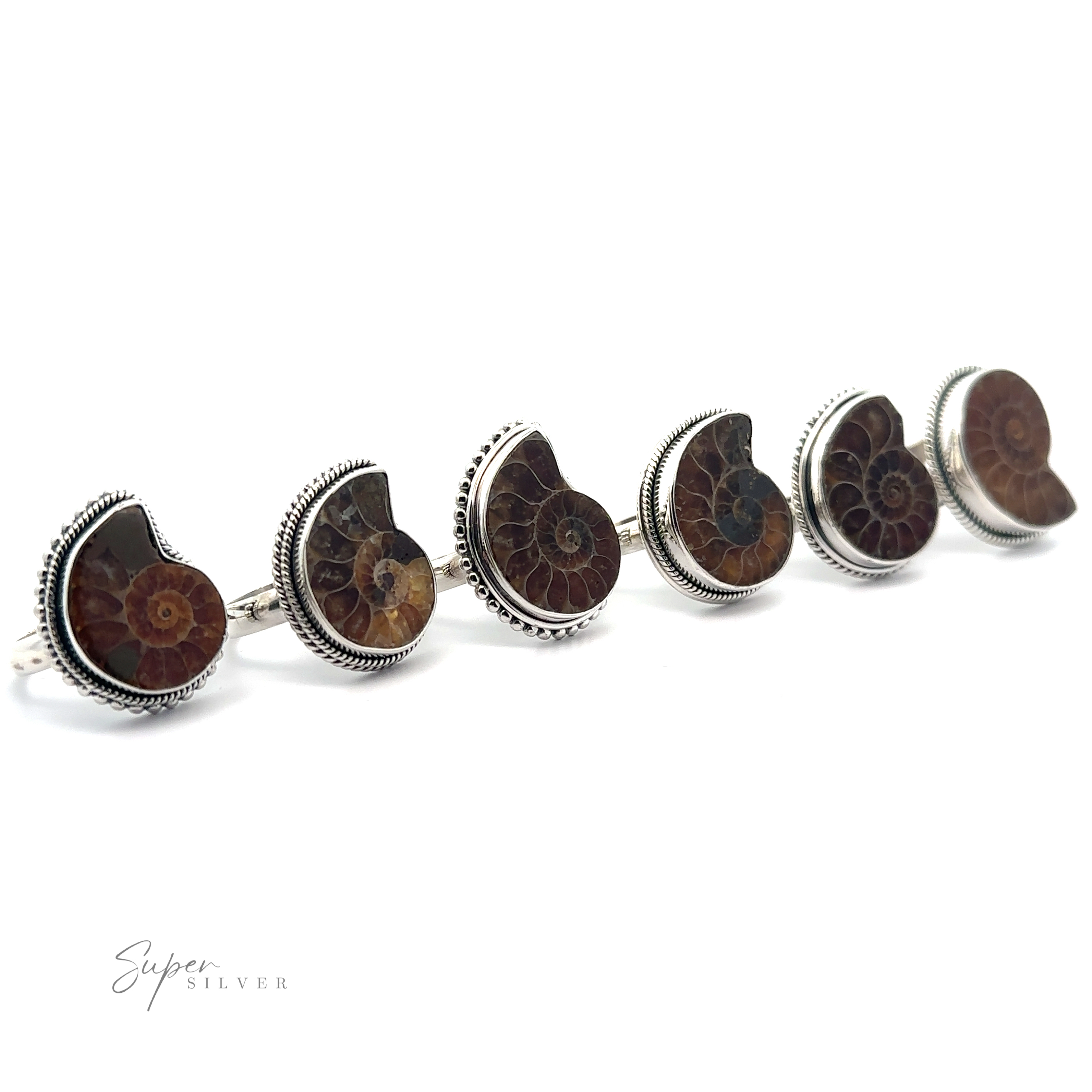A collection of sterling silver Beautiful Nautilus Shell Rings displayed in a row against a white background.