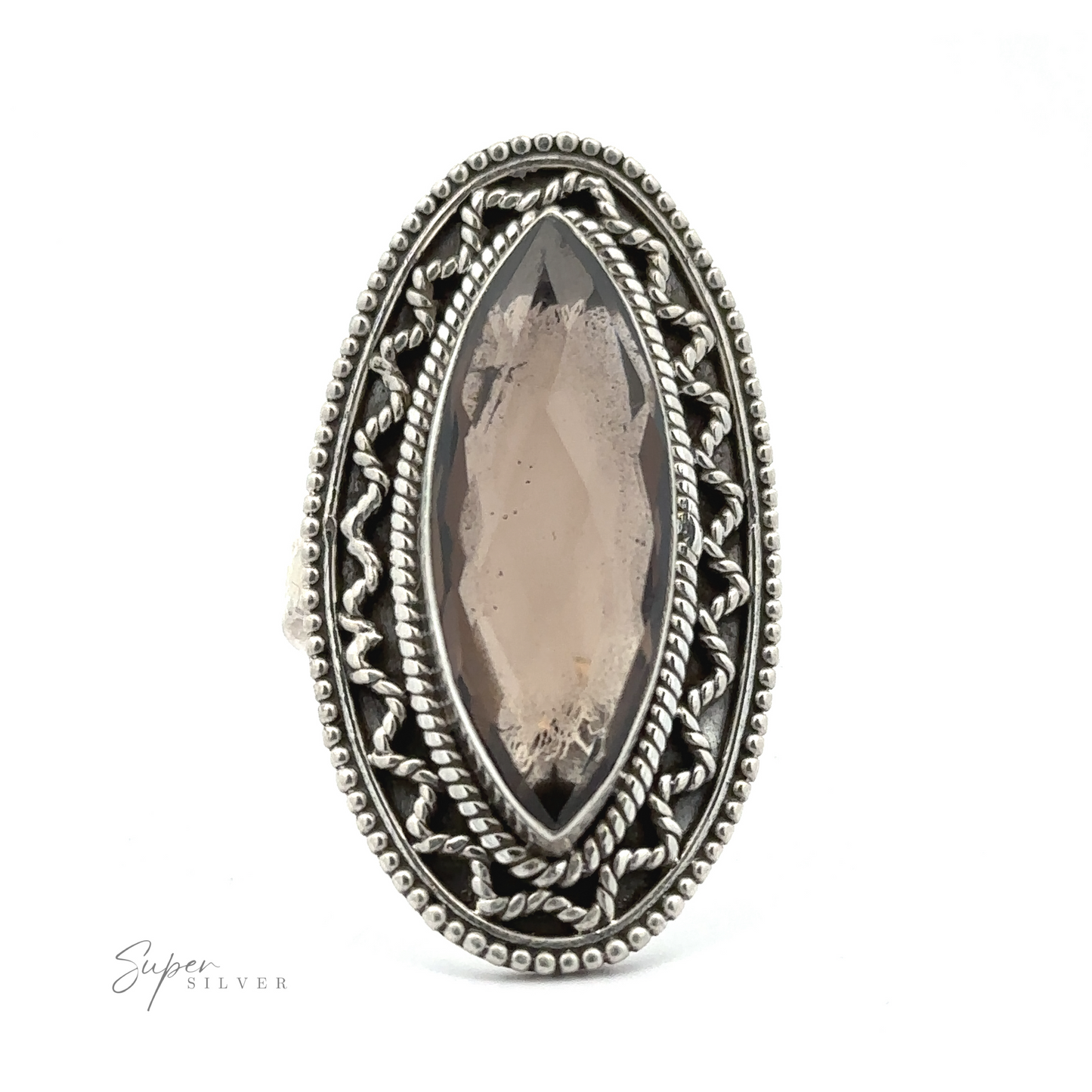 
                  
                    An intricately designed Marquise Shaped Gemstone Ring With Vintage Shield Border featuring an elongated oval smoky quartz gemstone, bordered with twisted rope and lattice patterns. The ring has a decorative, ornate appearance with a Bohemian twist.
                  
                