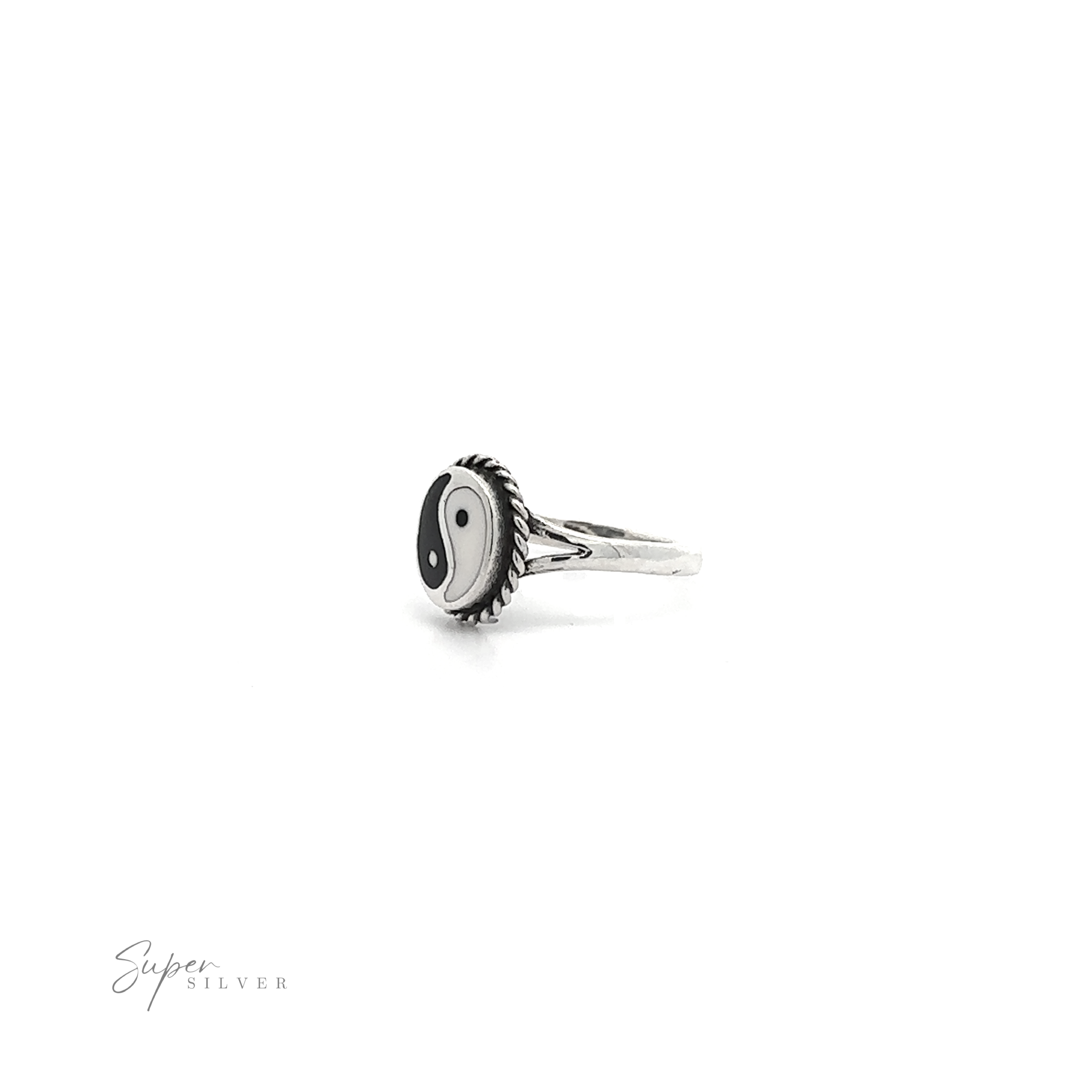 This harmonious Yin-Yang Ring with Rope Border showcases a striking black and white design, epitomizing perfect balance.