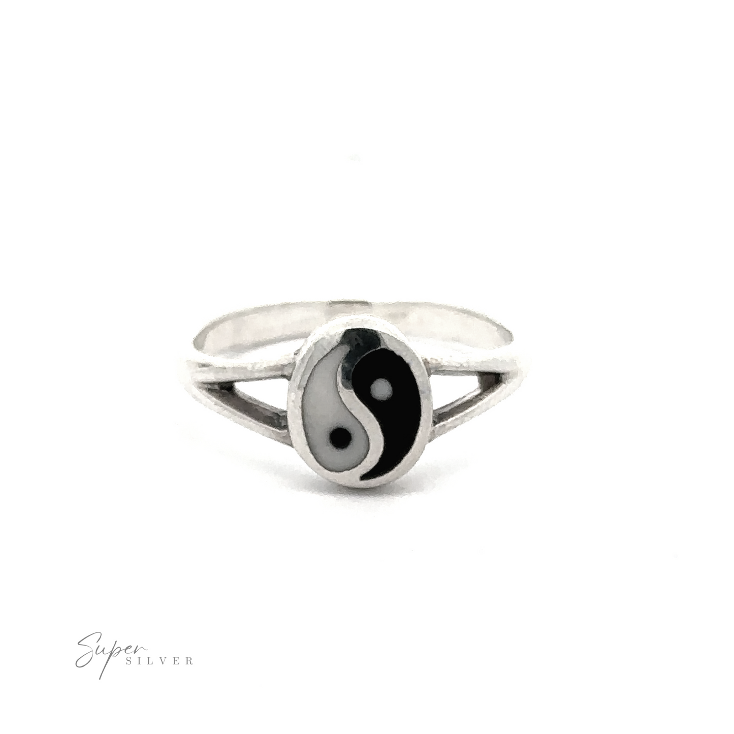 
                  
                    The Simple Inlaid Yin-Yang Ring is a minimalist piece crafted from Sterling Silver, featuring a striking black and white yin-yang symbol on the front. A discreet "Super Silver" logo can be seen in the bottom left corner.
                  
                