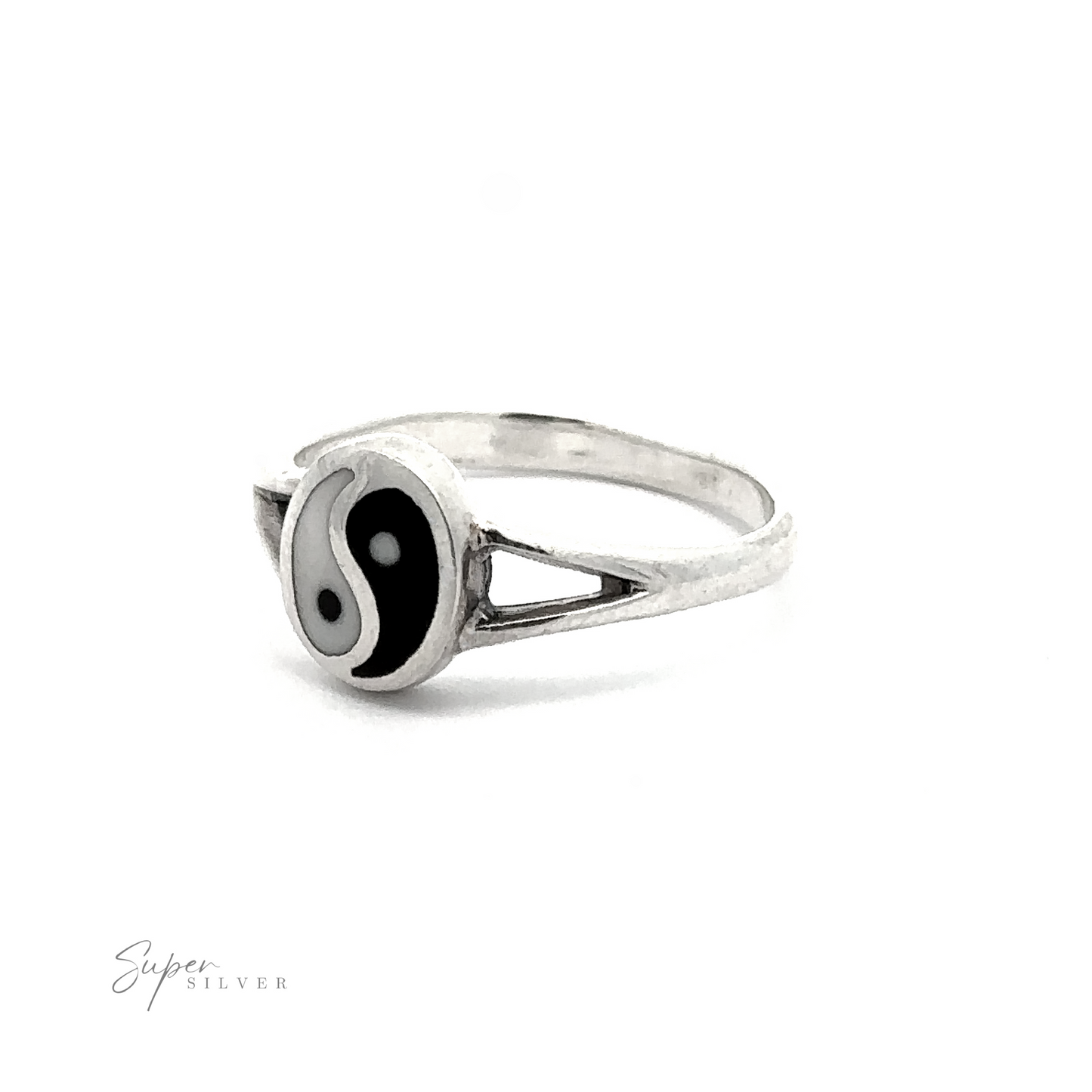 
                  
                    The Simple Inlaid Yin-Yang Ring is a minimalist sterling silver ring adorned with a black and white yin-yang symbol on its face and features triangular cutouts on either side of the band.
                  
                