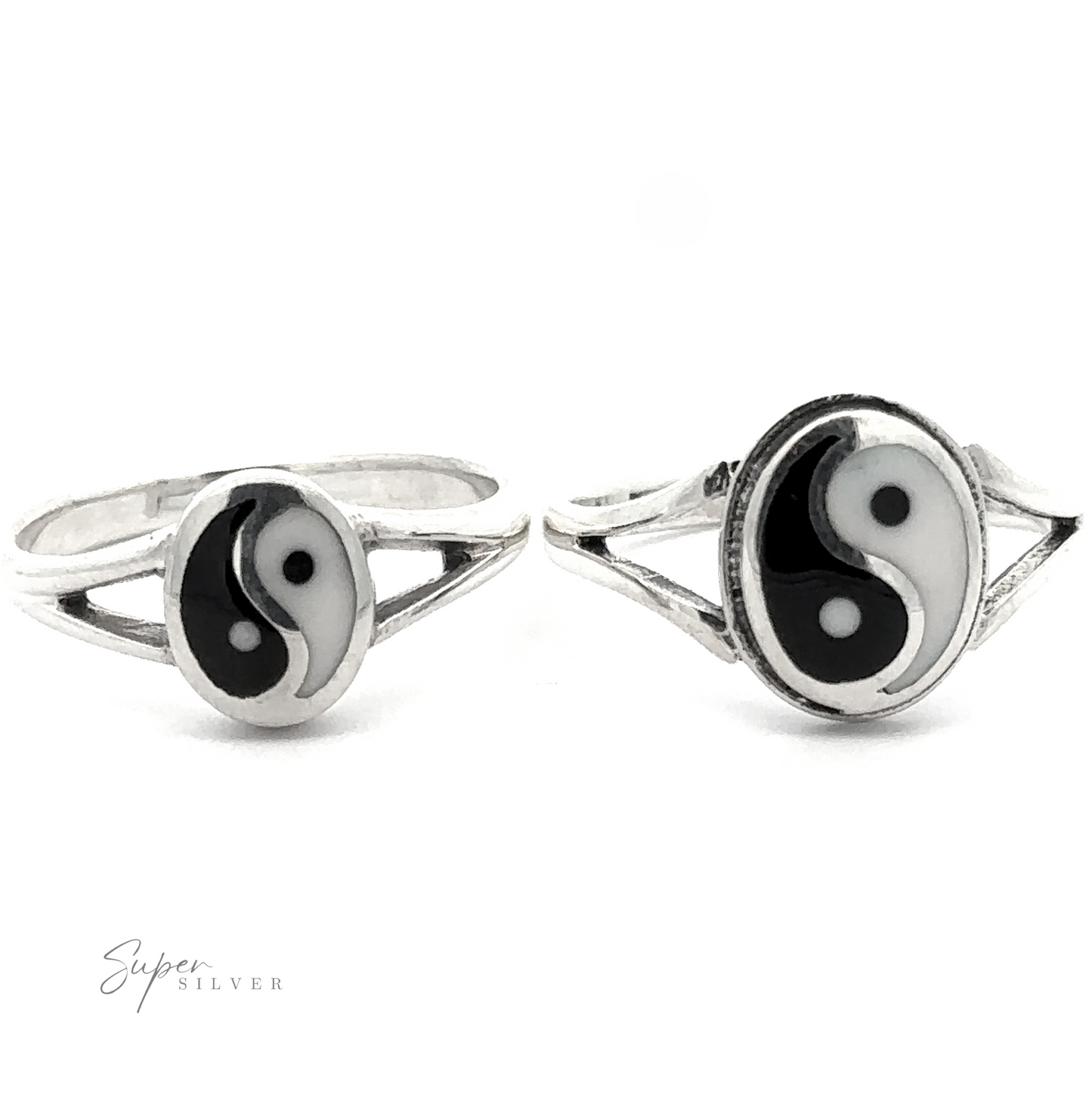 
                  
                    Two Simple Inlaid Yin-Yang Rings in Sterling Silver displayed side by side on a white background, with "Super Silver" branding visible in the corner. Perfect for those who appreciate minimalist jewelry.
                  
                