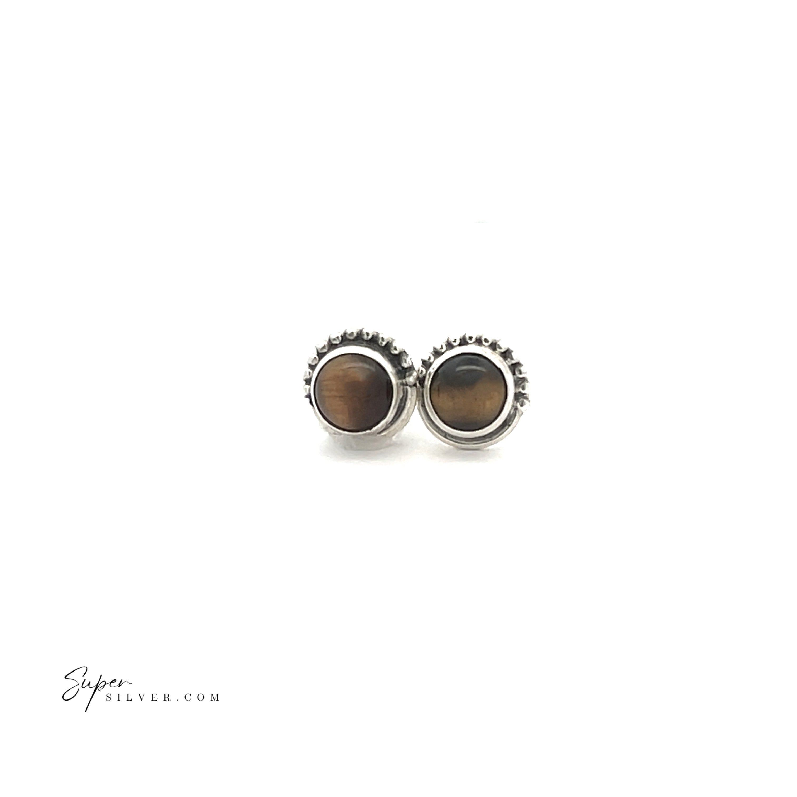 The 5mm Gemstone Studs With Half Bead Design feature round brown natural stones in sterling silver stud settings, displayed on a white background.