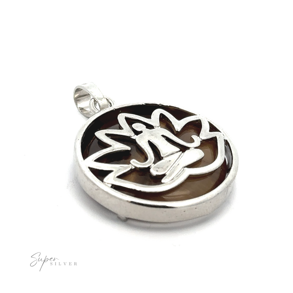 
                  
                    A Silver Plated Lotus Meditation Pendant with Gemstone featuring a stylized figure in a meditative pose against a dark background, encircled by a lotus design. The silver-plated piece has the words "Super Silver" beneath the pendant.
                  
                