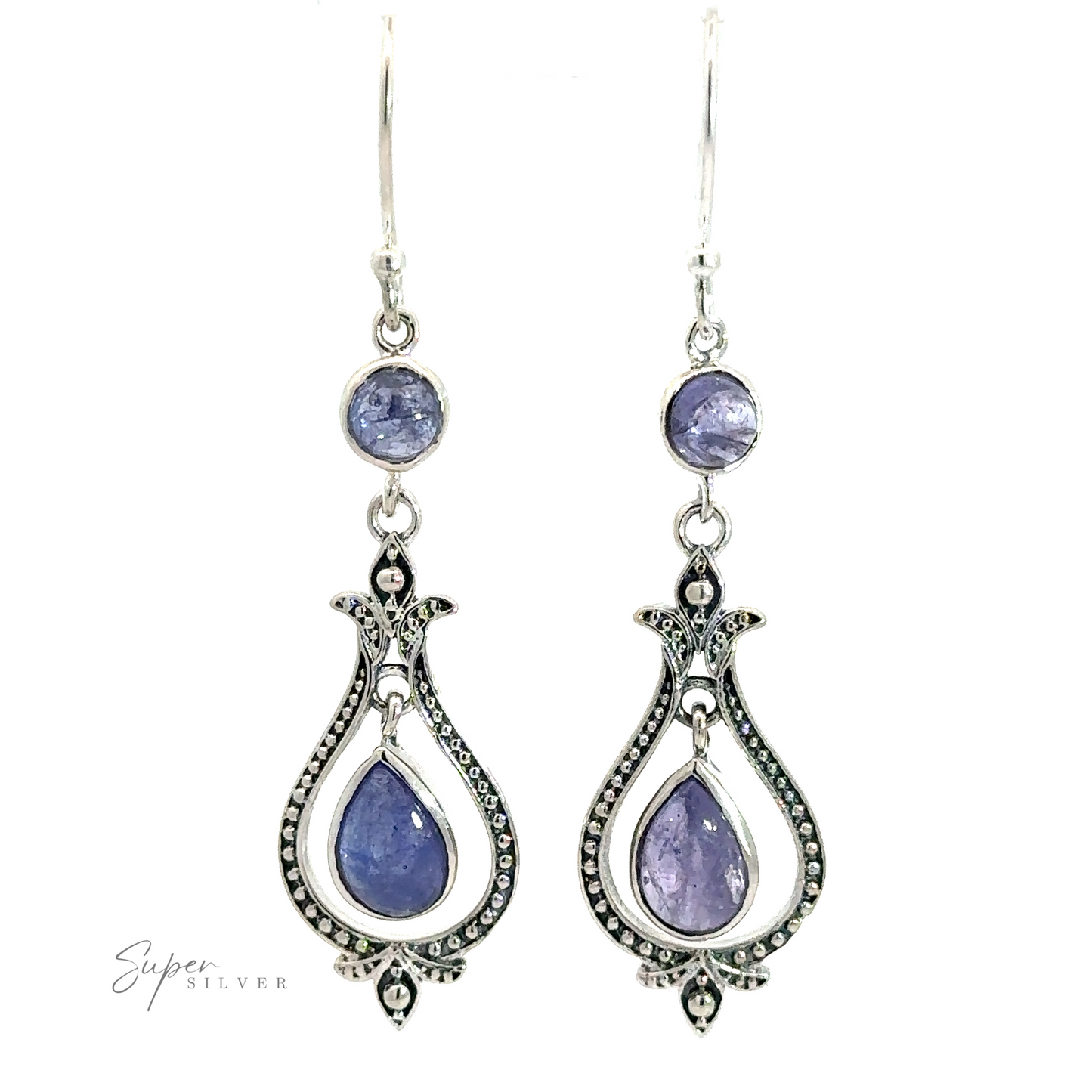 
                  
                    A pair of Vintage-Styled Teardrop Earrings with Gemstones featuring circular and teardrop-shaped blue gemstones, adorned with intricate detailing and crafted in .925 sterling silver.
                  
                