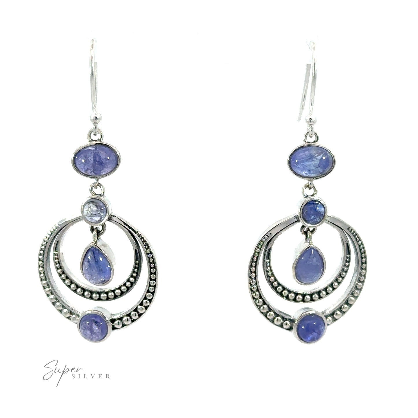 
                  
                    A pair of Overlapping Circle Earrings with Vibrant Gemstones made from .925 Sterling Silver, featuring multiple circular and teardrop-shaped purple gemstones. The double circle design showcases intricate beaded detailing and a hook for wearing.
                  
                