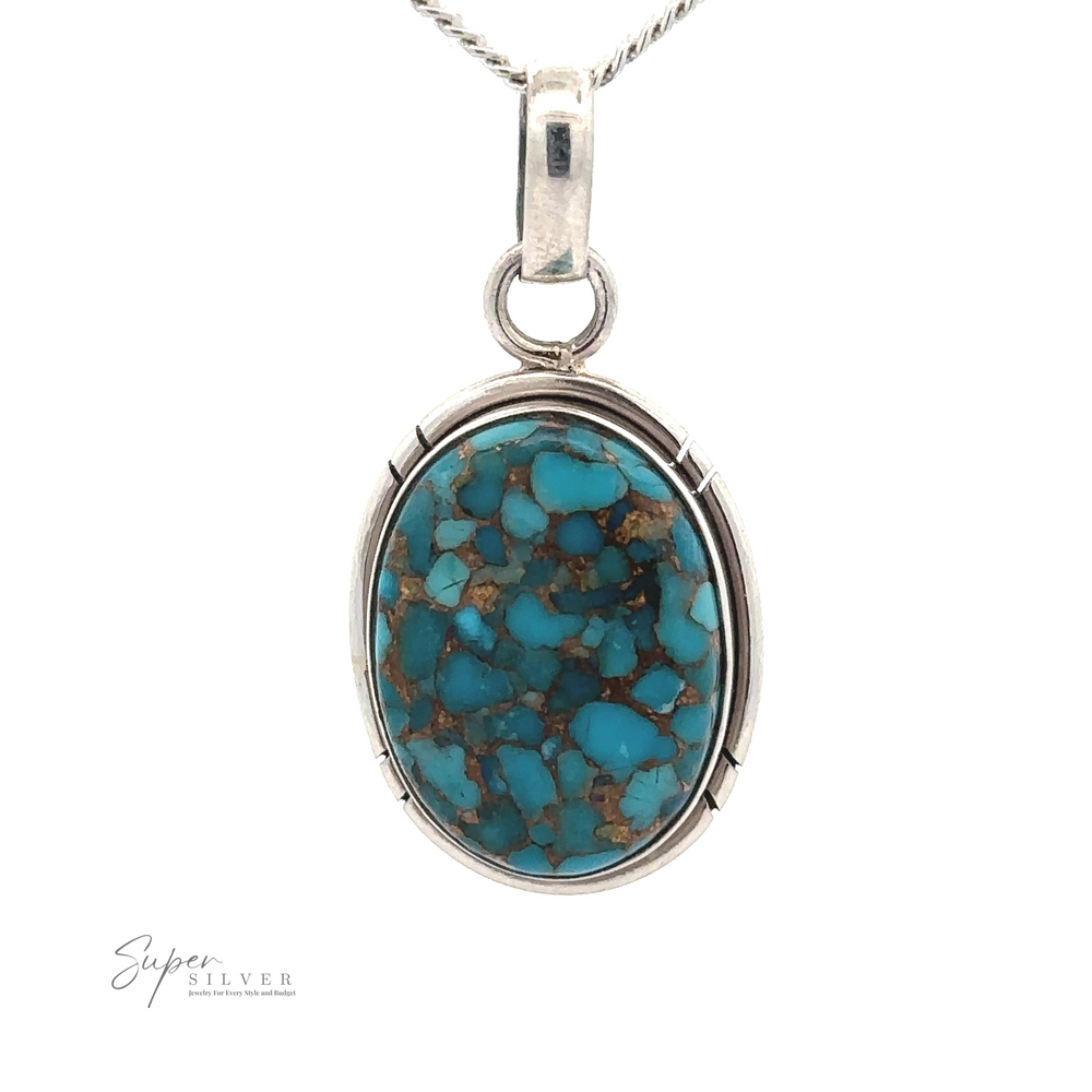 
                  
                    Copper Turquoise Pendant with a silver setting, featuring a speckled blue and brown stone, hung on a simple silver chain. This unique gemstone necklace is an exquisite piece of sterling silver jewelry that stands out beautifully.
                  
                