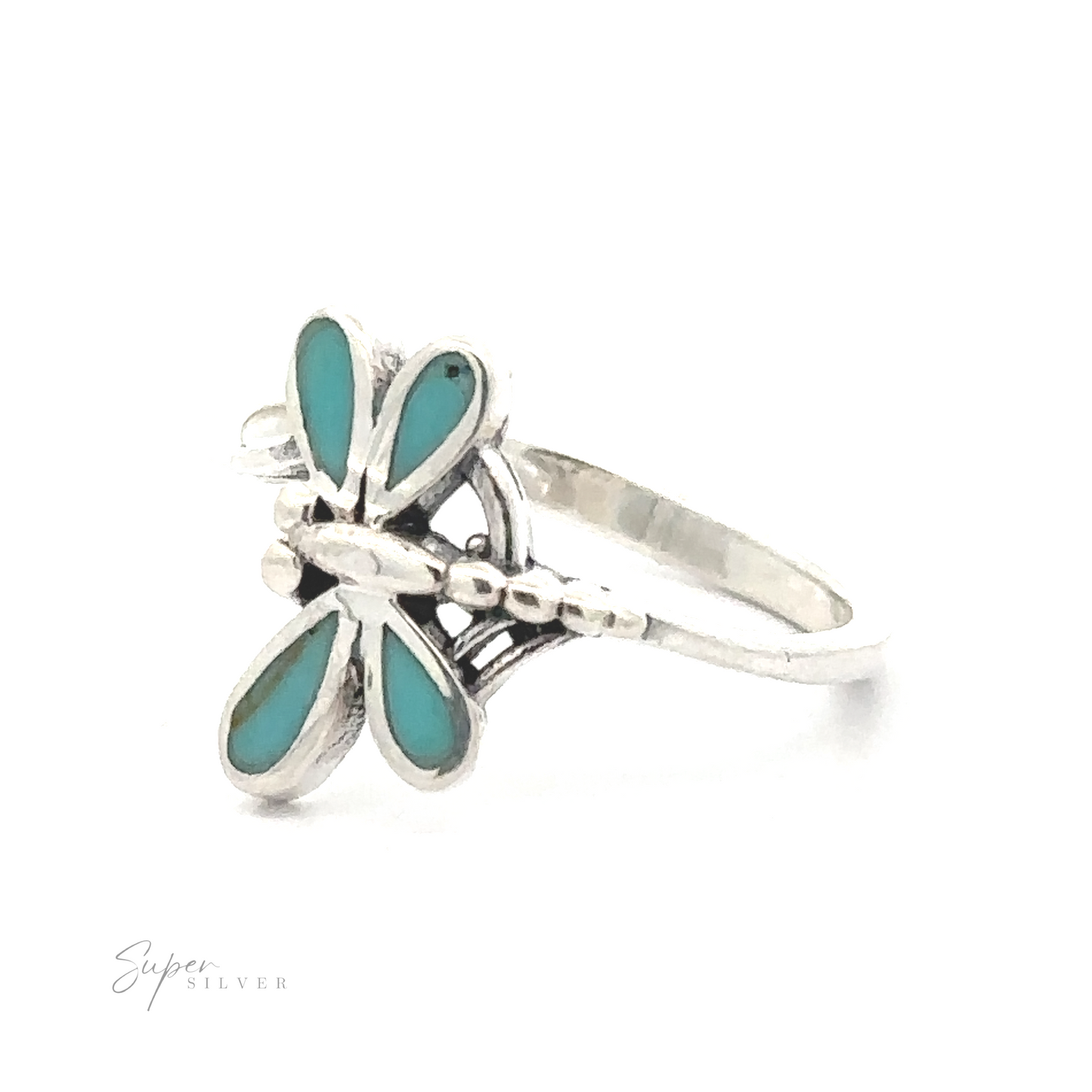 
                  
                    Silver Inlaid Stone Dragonfly ring designed to resemble a dainty dragonfly.
                  
                