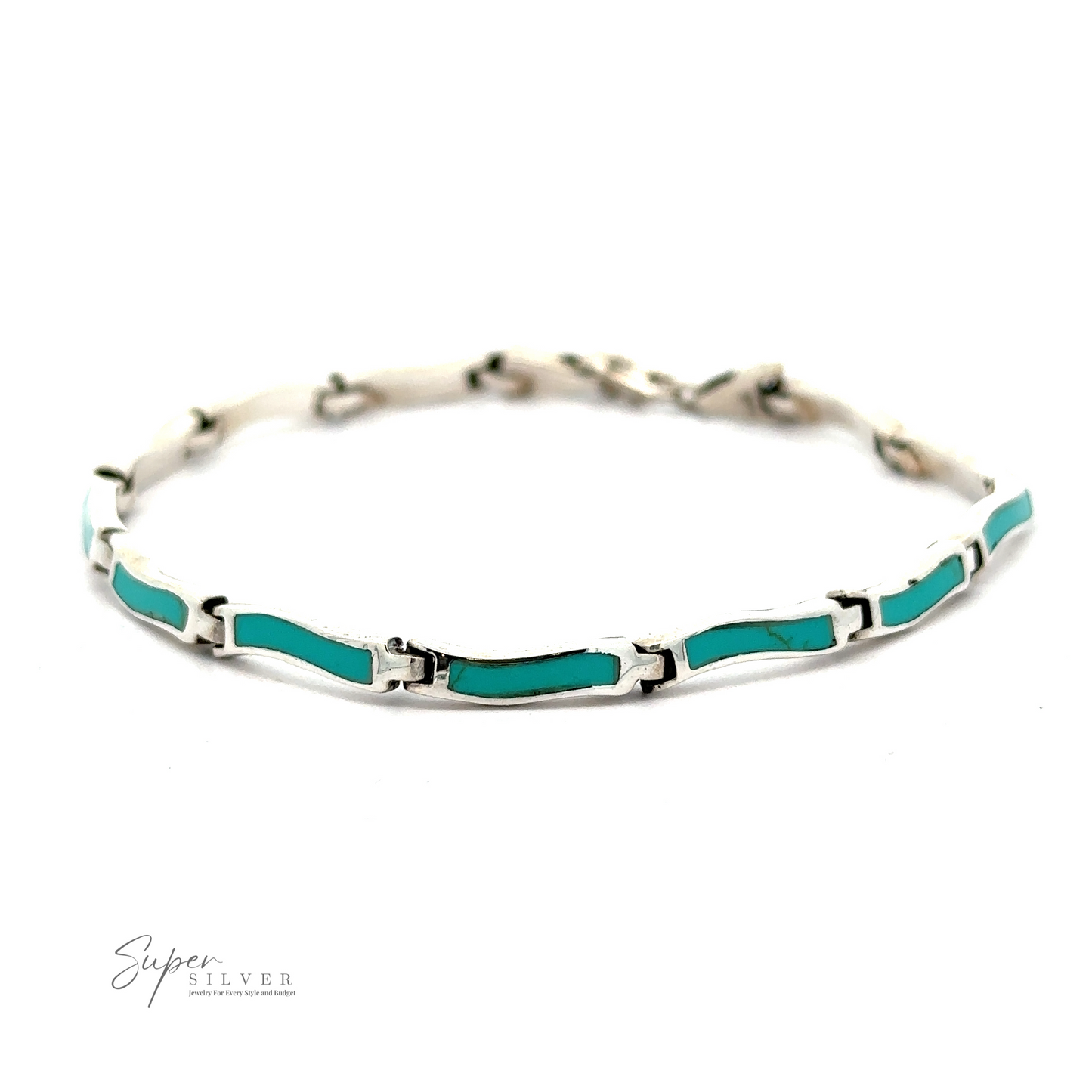 
                  
                    An Inlay Stone Curved Shaped Bracelet featuring rectangular turquoise pieces, with a touch of abalone. Logo in the bottom left corner reads "Super Silver.
                  
                