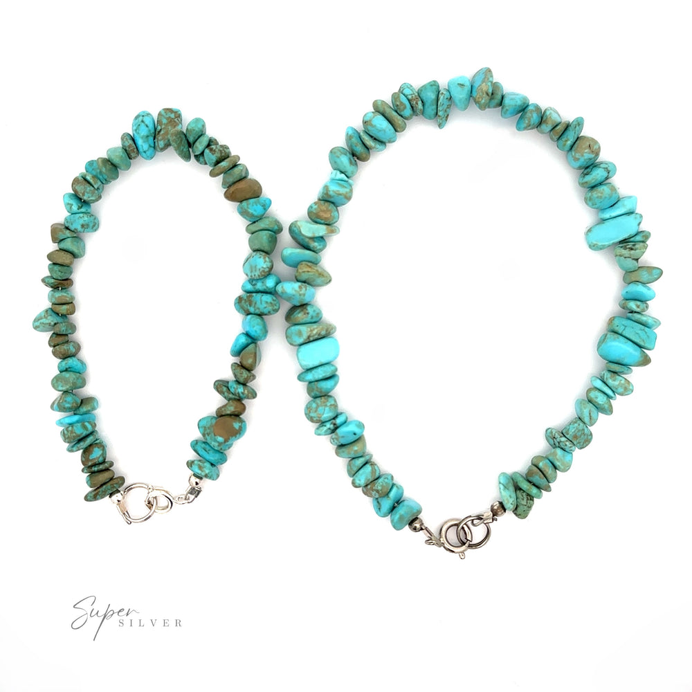 
                  
                    A turquoise beaded necklace and matching Southwest Colorado Turquoise Chip Bracelet or Anklet, featuring .925 Sterling Silver clasps, arranged on a white surface. The ensemble exudes Southwest charm, perfect for any occasion.
                  
                