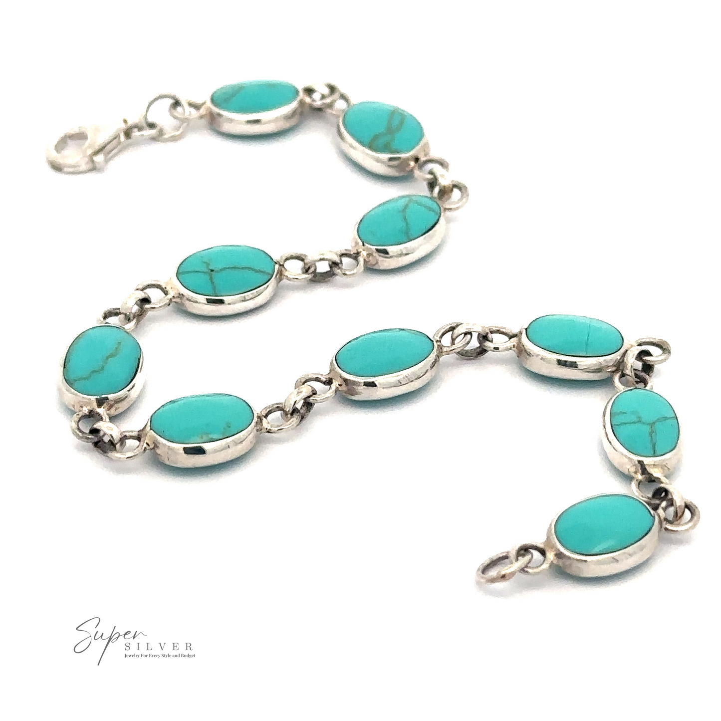 
                  
                    A stunning Oval Turquoise Bracelet featuring oval turquoise stones set in sterling silver jewelry links, arranged in a graceful curved pattern. The clasp is visible at one end.
                  
                