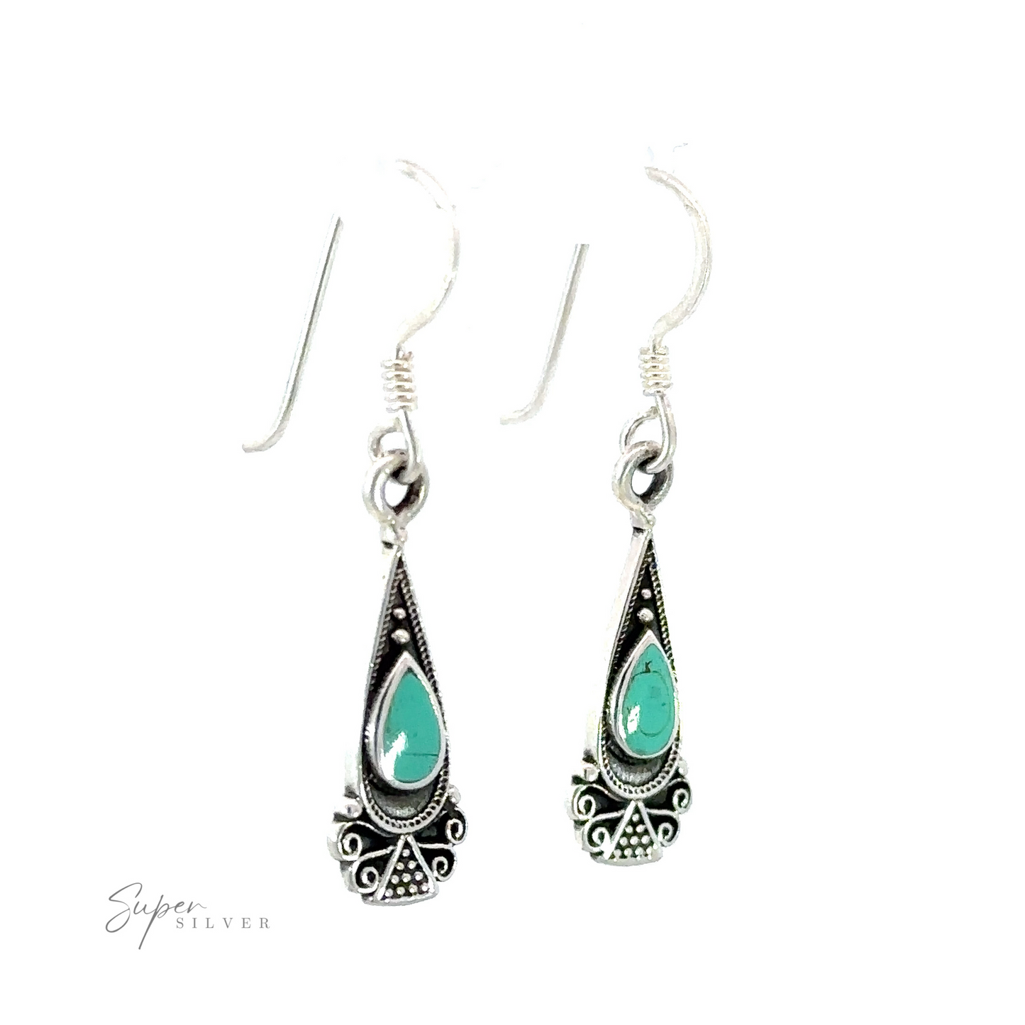 
                  
                    Bali Inspired Teardrop Shaped Earrings With Inlay Stones featuring inlaid turquoise stones.
                  
                