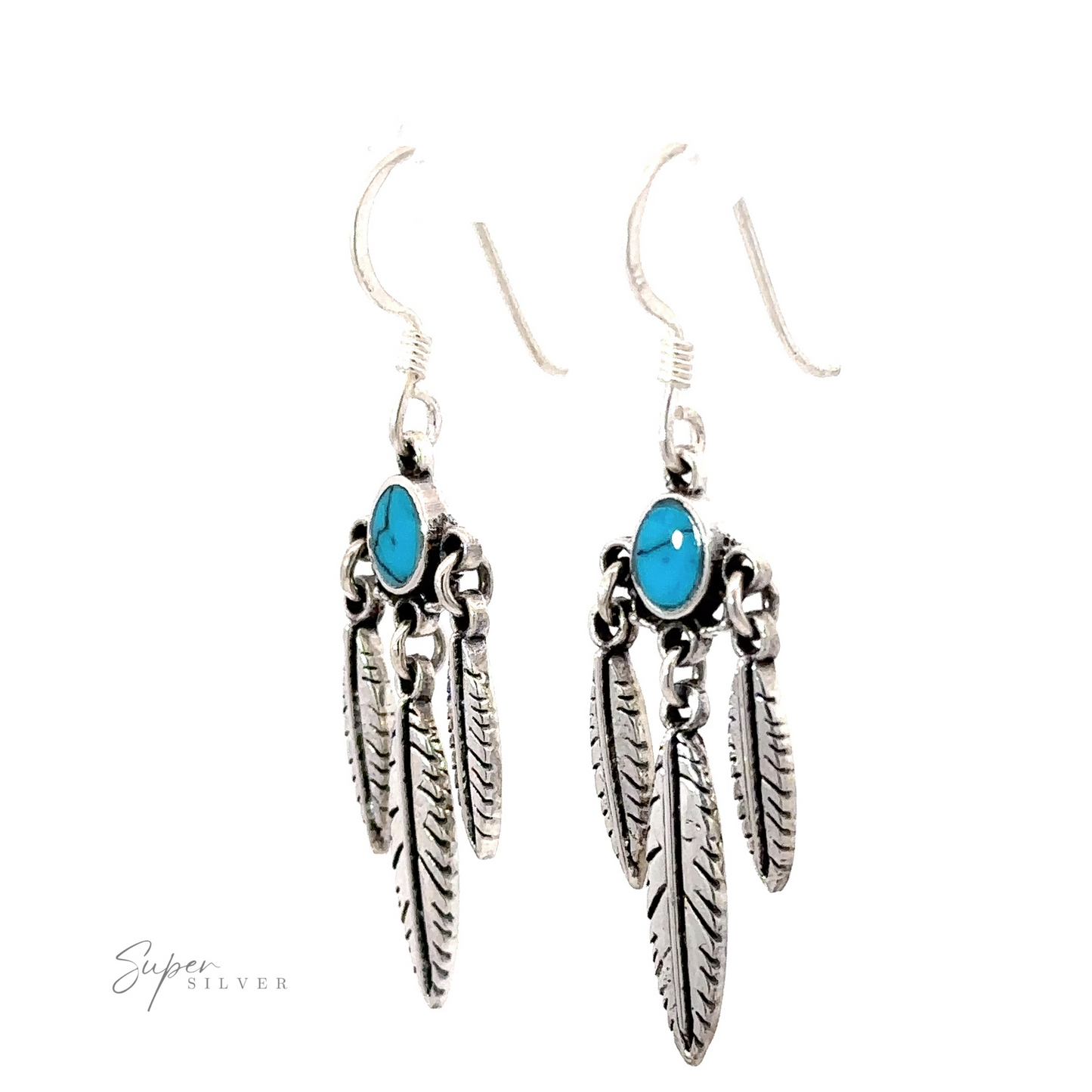
                  
                    A pair of Western Inspired Earrings With Feather Dangles and Inlay Stones, displayed against a white background.
                  
                