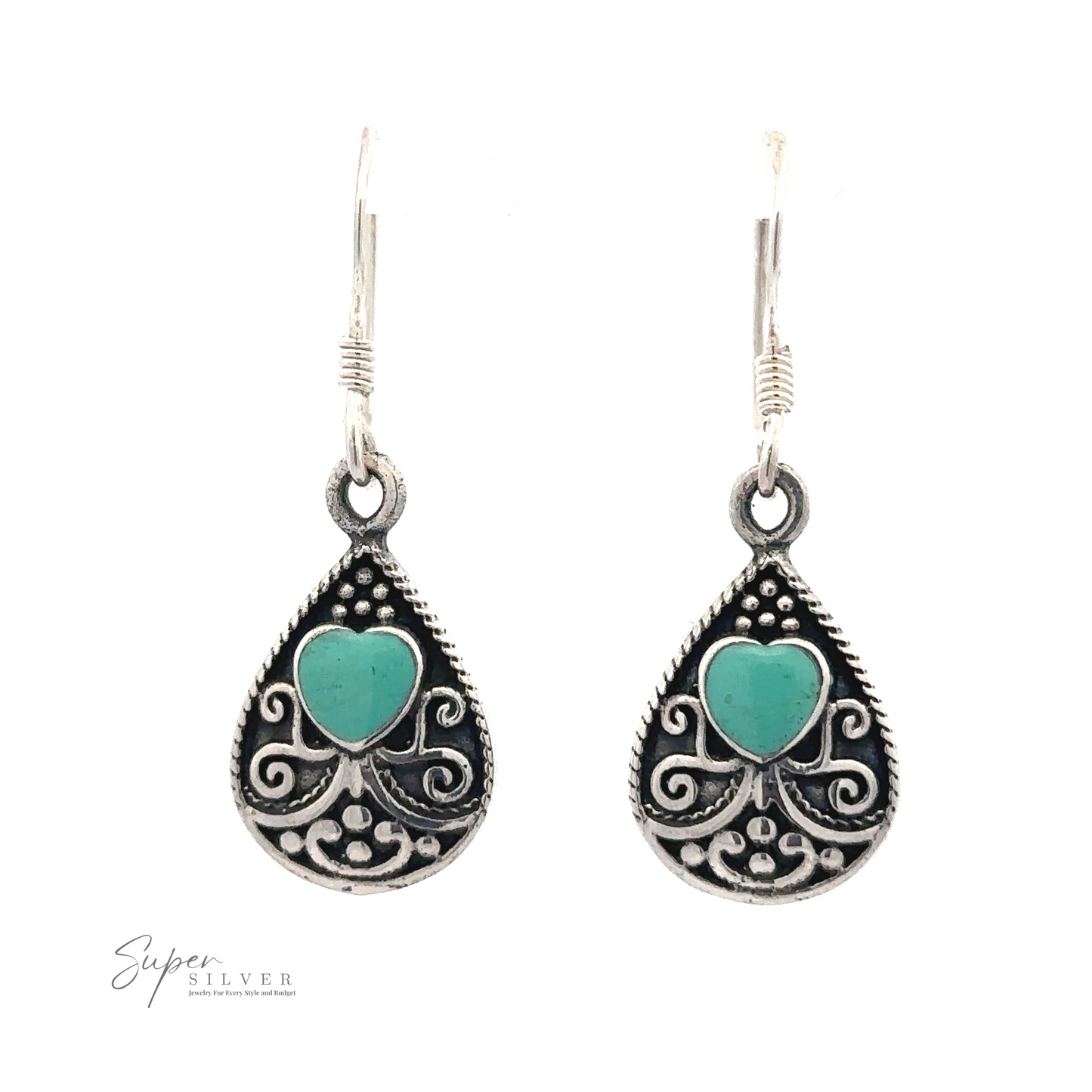 
                  
                    A pair of Bali Style Teardrop Earrings with Inlaid Stone with intricate sterling silver detailing and turquoise heart-shaped stones in the center, set against a white background. "Super Silver" logo is visible in the bottom left corner.
                  
                