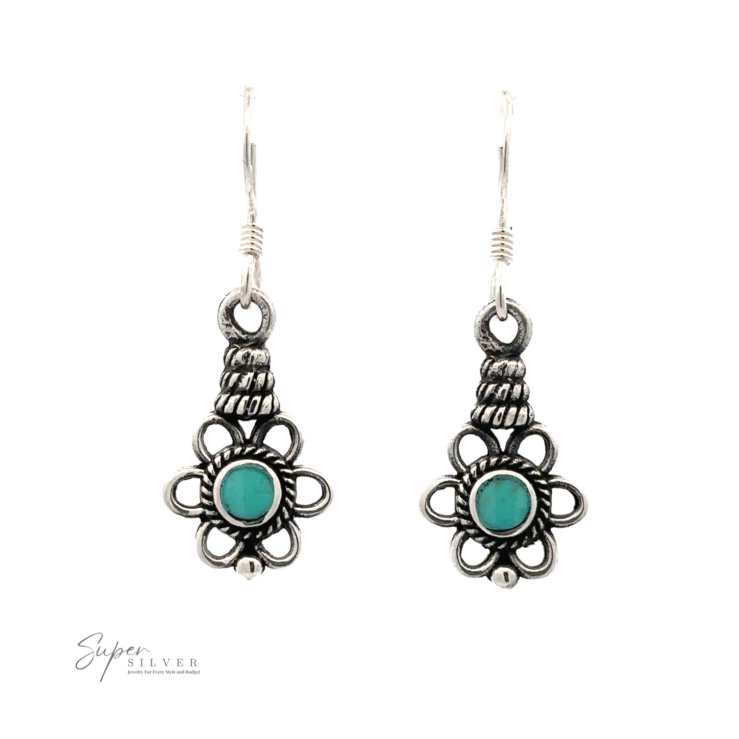 
                  
                    A pair of Flower Design Earrings With a Round Stone with intricate floral designs and turquoise round center stones. Logo "Super Silver" is visible at the bottom left.
                  
                