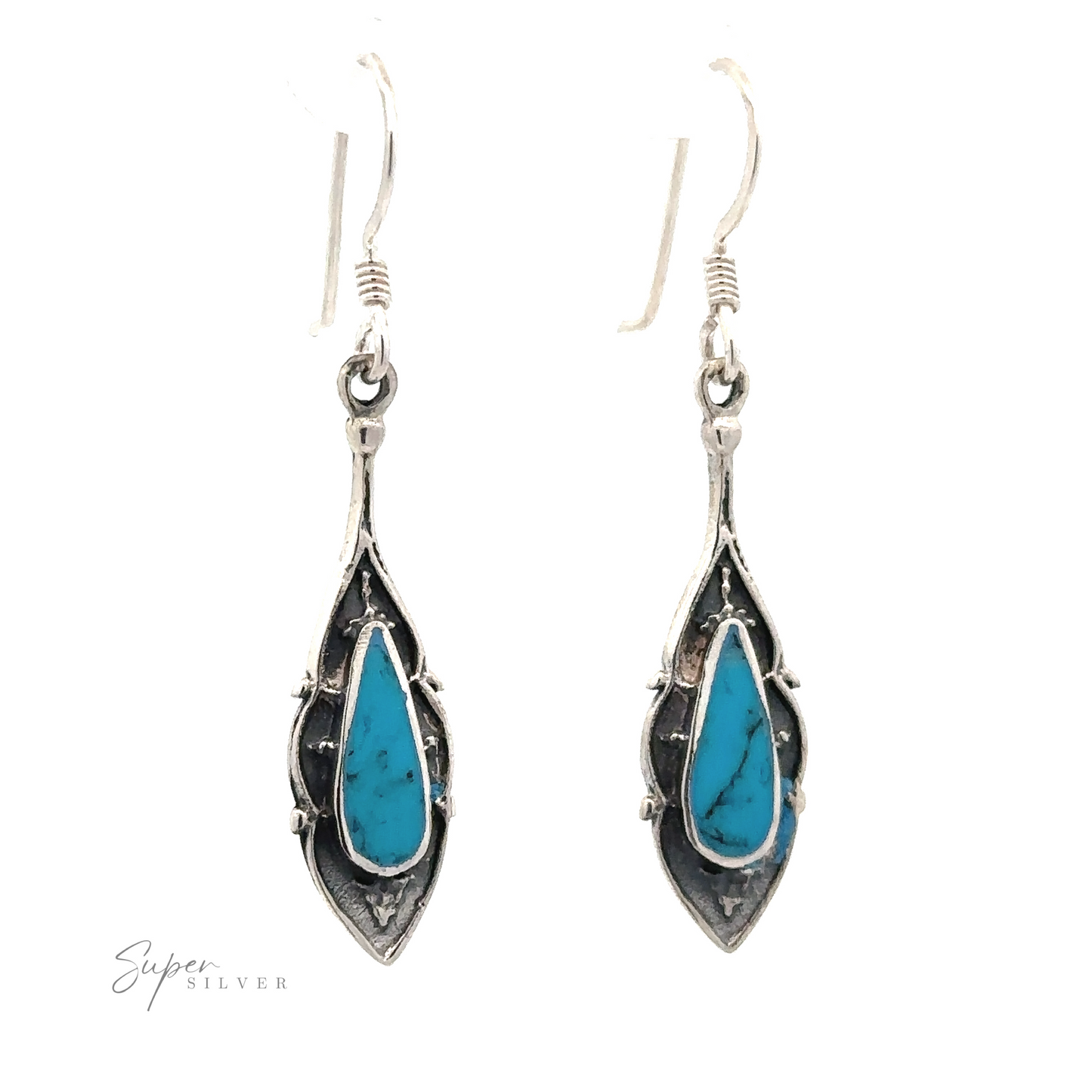 
                  
                    A pair of Teardrop Shape Inlaid Earrings featuring teardrop-shaped turquoise stones set in an ornamental design with an oxidized finish.
                  
                