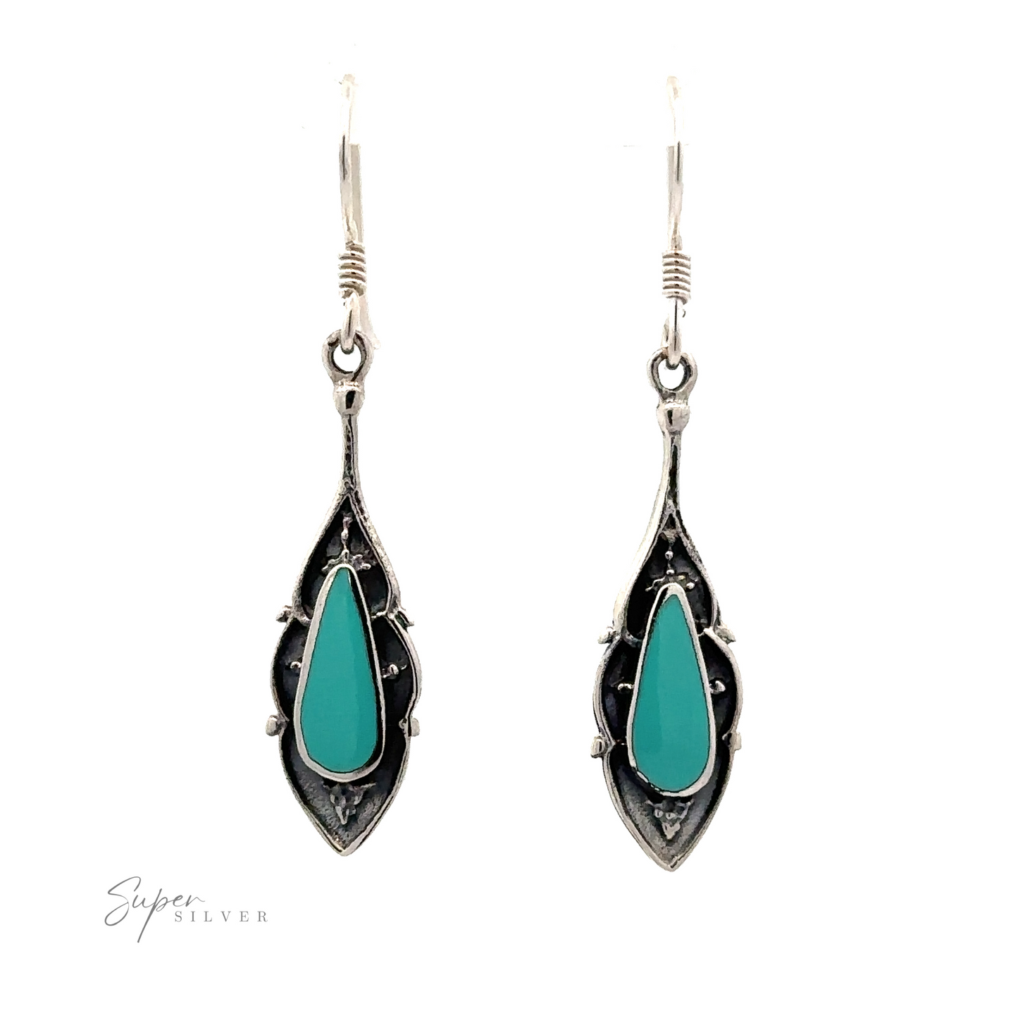 
                  
                    A pair of Teardrop Shape Inlaid Earrings with turquoise stones set in ornate, leaf-like metalwork.
                  
                