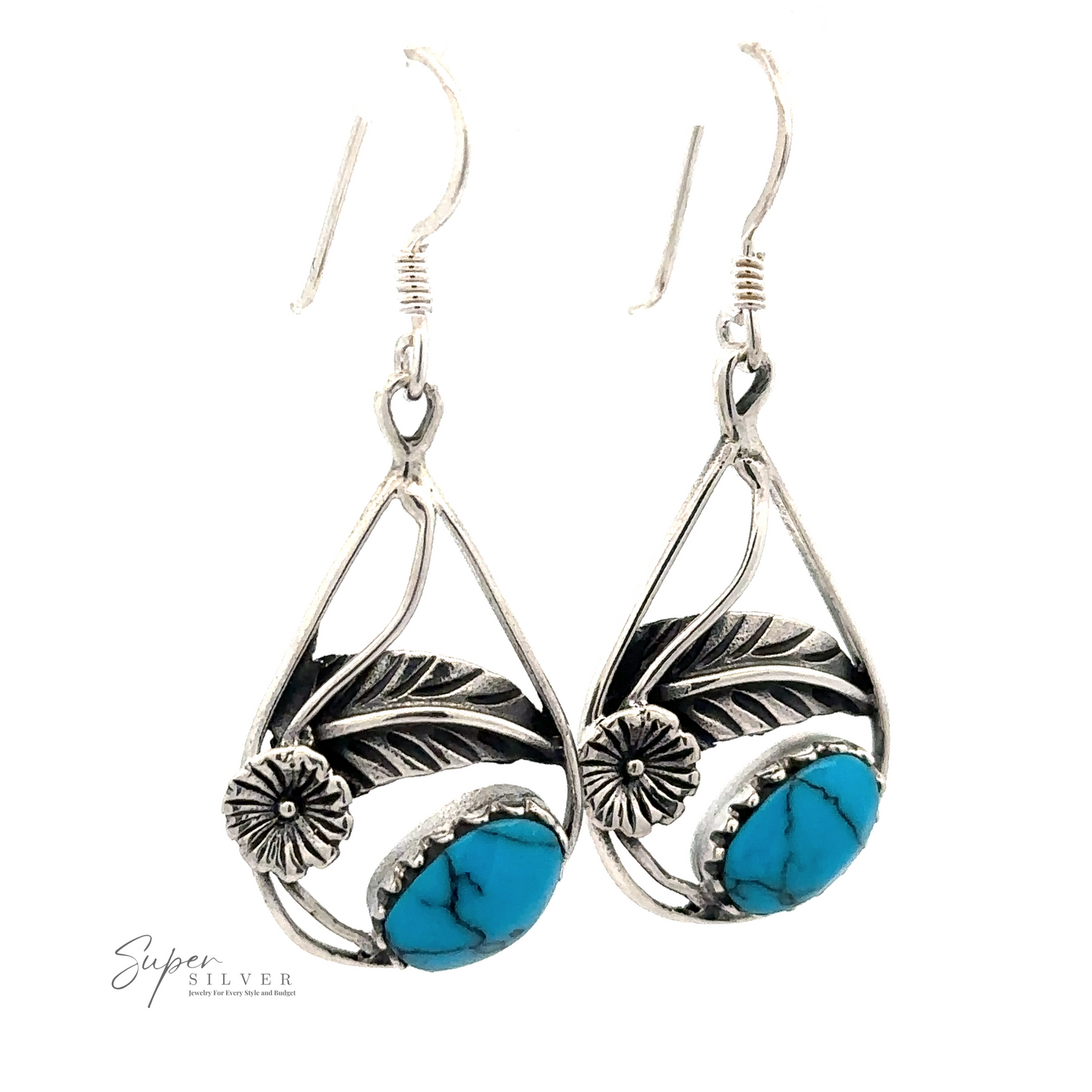 
                  
                    A pair of Inlaid Teardrop Earrings With Floral Setting featuring turquoise stones and a leaf design, with hook fastenings.
                  
                