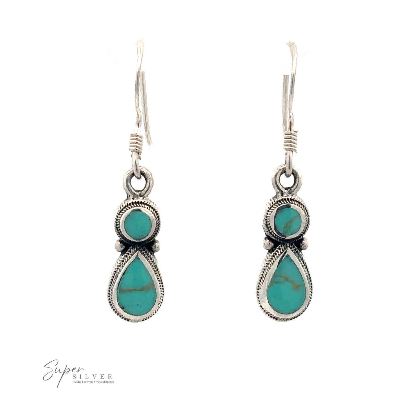 
                  
                    Pair of dangling Turquoise Earrings With Circle and Teardrop Design set in sterling silver.
                  
                