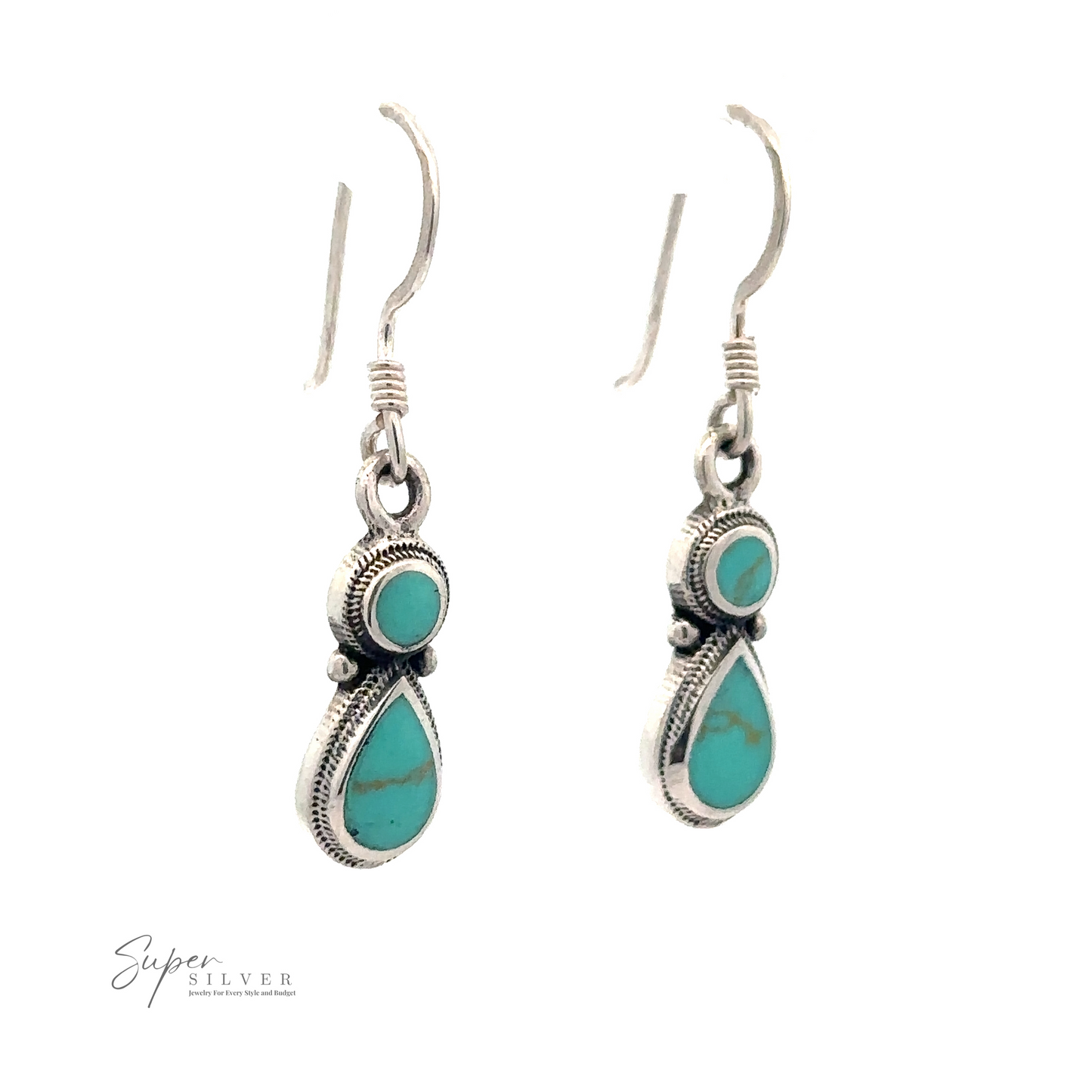 
                  
                    A pair of Turquoise Earrings With Circle and Teardrop Design featuring round and teardrop-shaped turquoise stones in an ornate setting.
                  
                