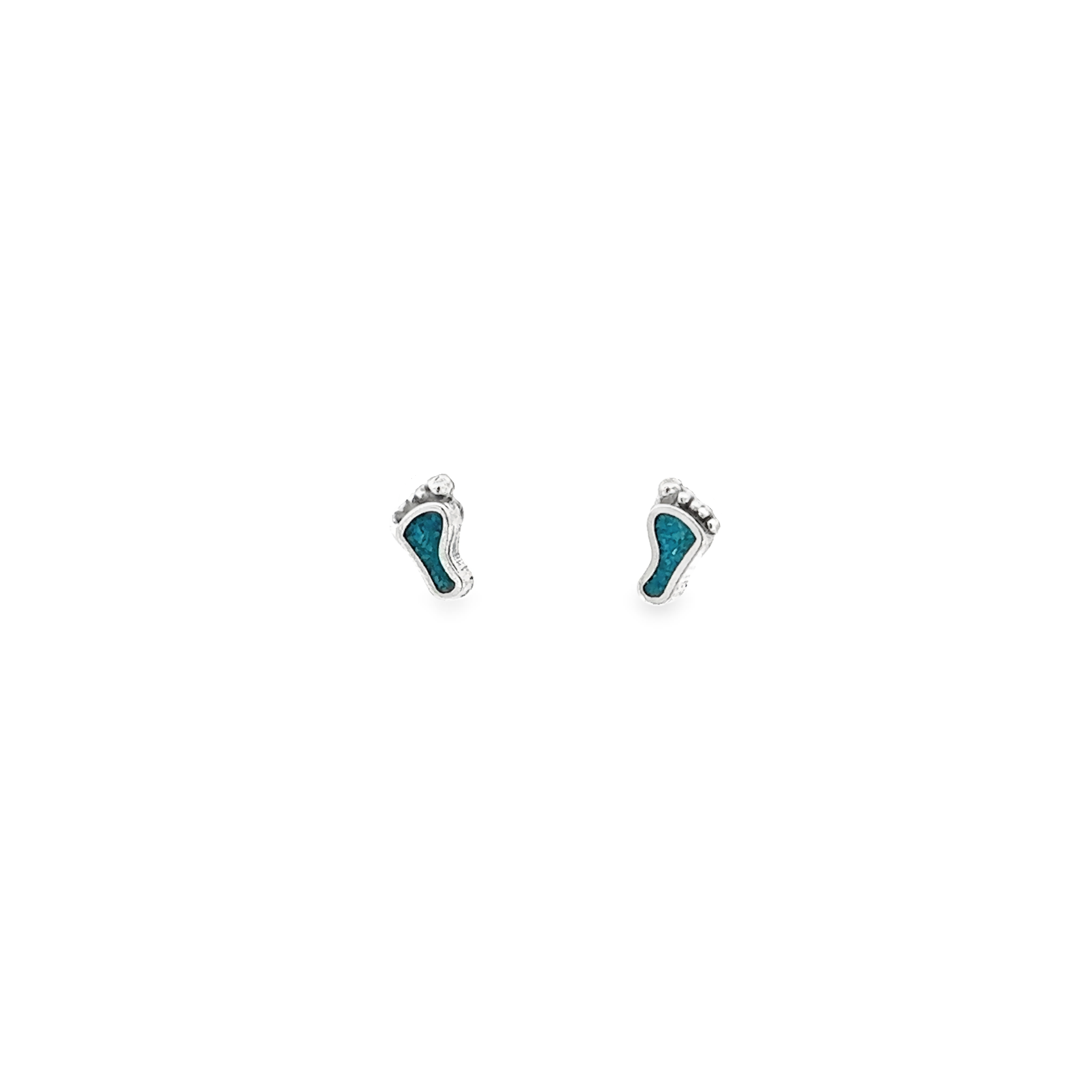 A pair of Turquoise Feet Studs with inlaid turquoise on a white background.