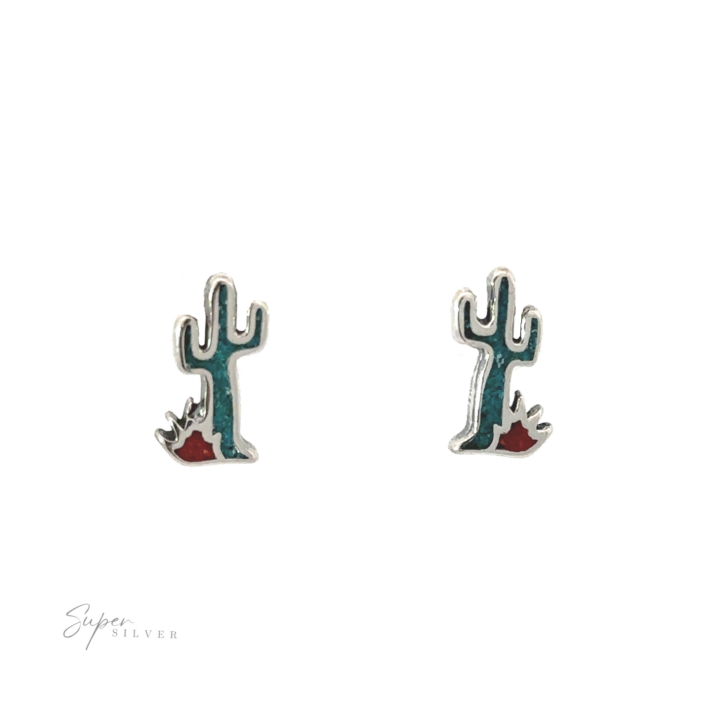 A pair of Coral and Turquoise Cactus Studs on a white background, adorned with turquoise.