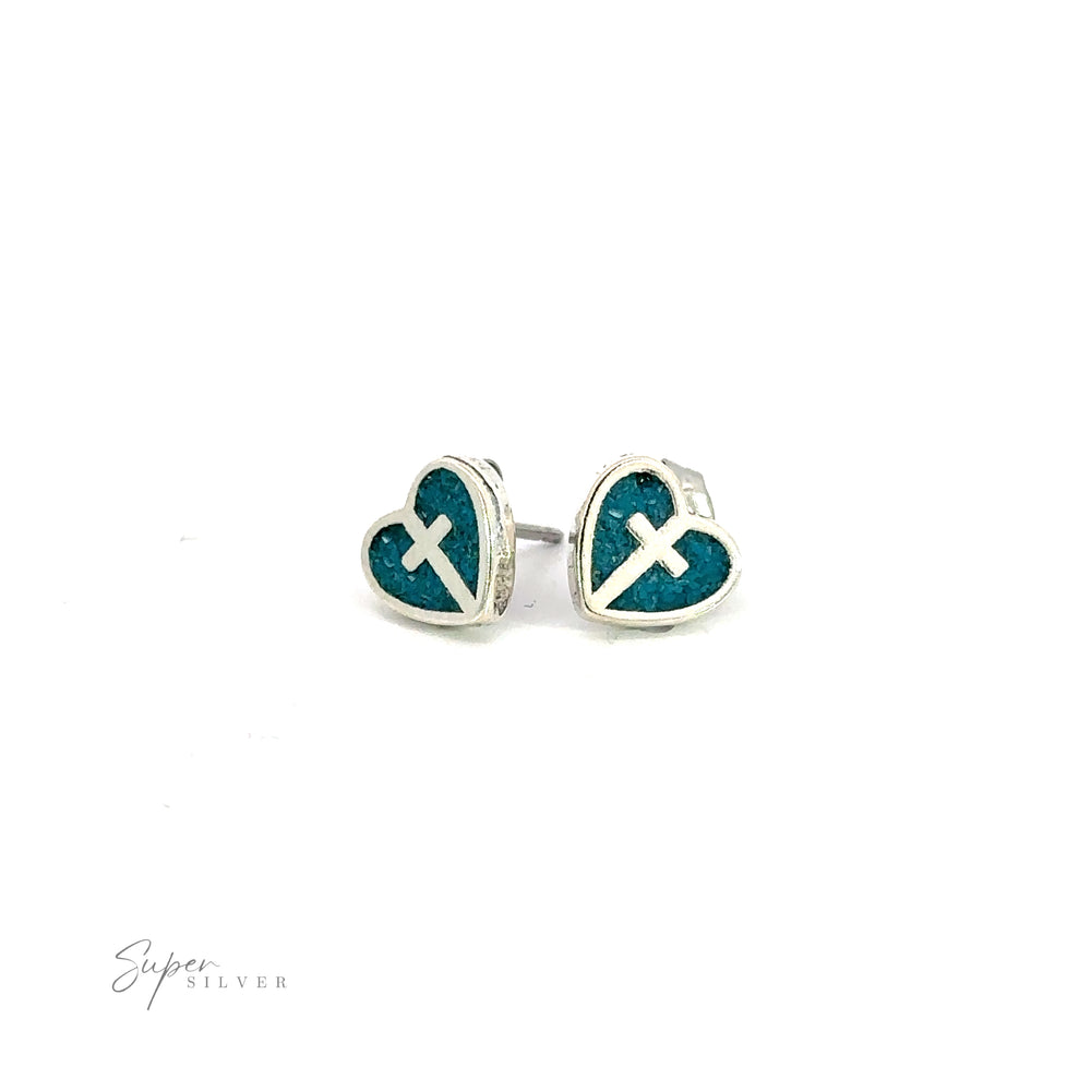 A pair of Turquoise Heart Studs with Silver Cross, perfect for showcasing one's Christian faith through stylish jewelry.