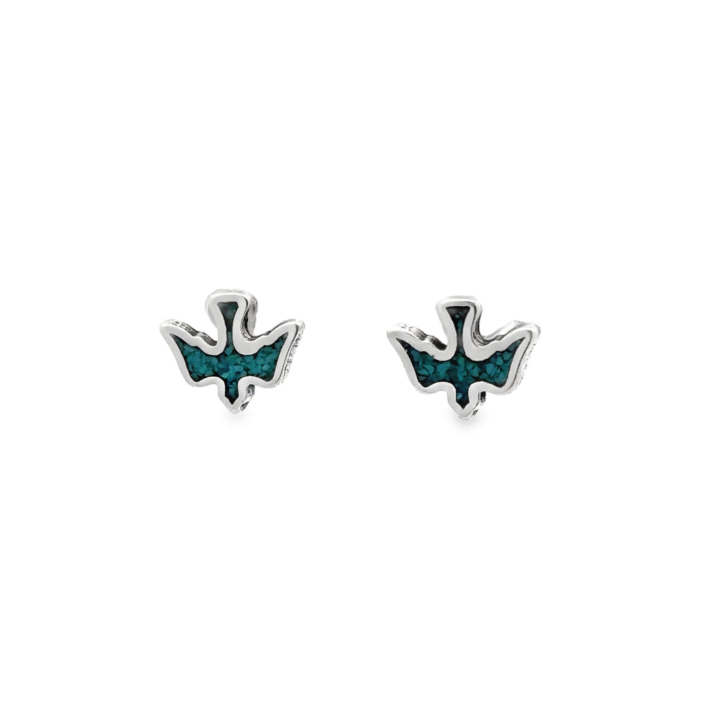 A pair of Dove Studs with Inlaid Turquoise earrings with GREEN enamel.