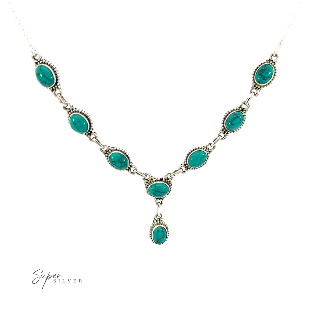 
                  
                    This Gemstone Y-Necklace with Beaded Border showcases beautiful turquoise gemstones on a white background. With its stunning Y-shaped design, this necklace is sure to make a lasting impression and enhance any outfit.
                  
                
