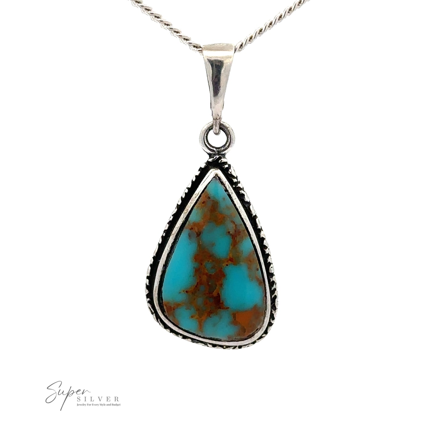 
                  
                    An Irregular Teardrop Bisbee Turquoise Pendant with Etched Border with brown veining set in a sterling silver frame hangs on a silver chain. The logo "Super Silver" is visible in the bottom left corner.
                  
                