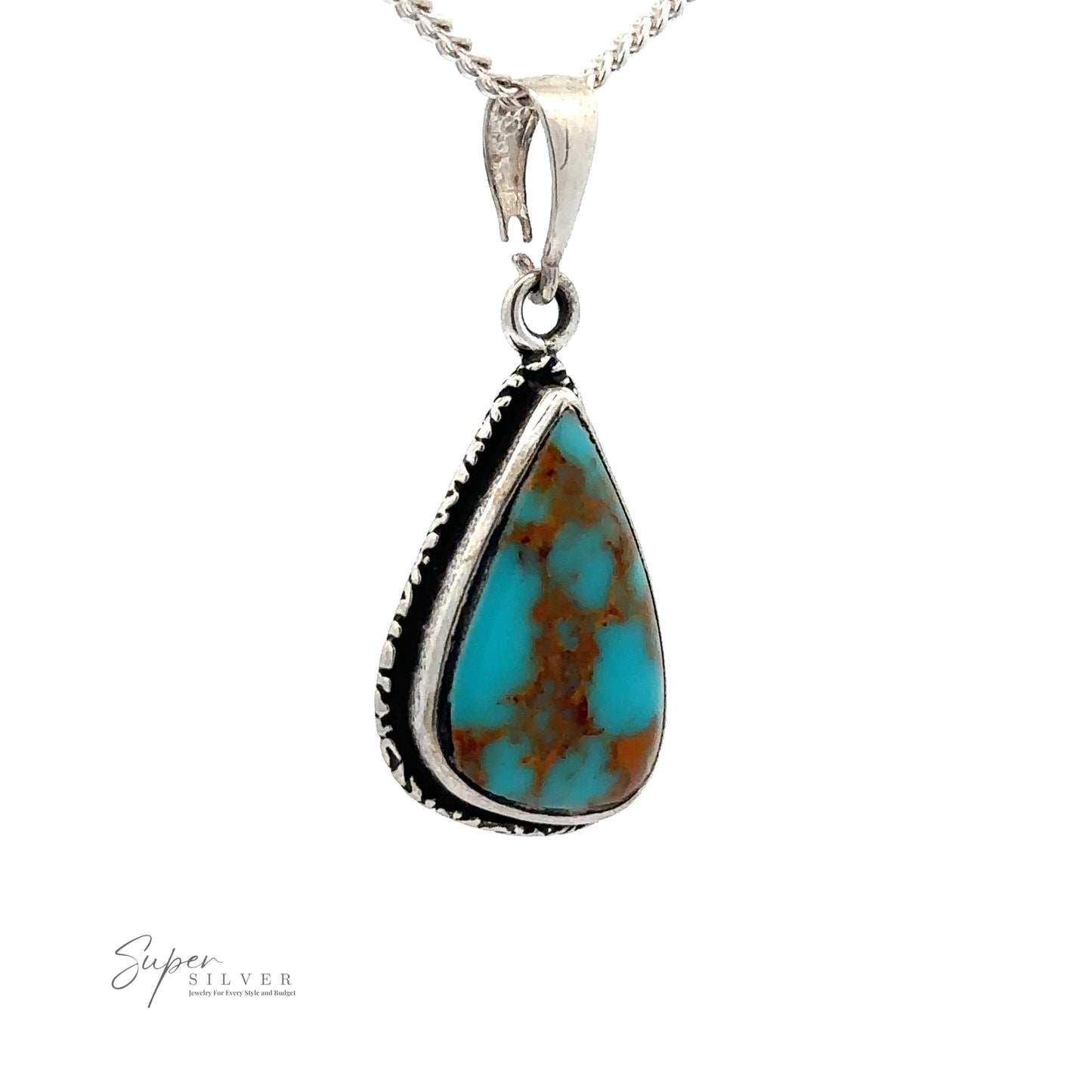 
                  
                    An Irregular Teardrop Bisbee Turquoise Pendant with Etched Border, featuring intricate brown veining and set in sterling silver, hangs from a silver chain. The piece reflects the legacy of the historic copper mines. The image includes the logo and website of Super Silver.
                  
                