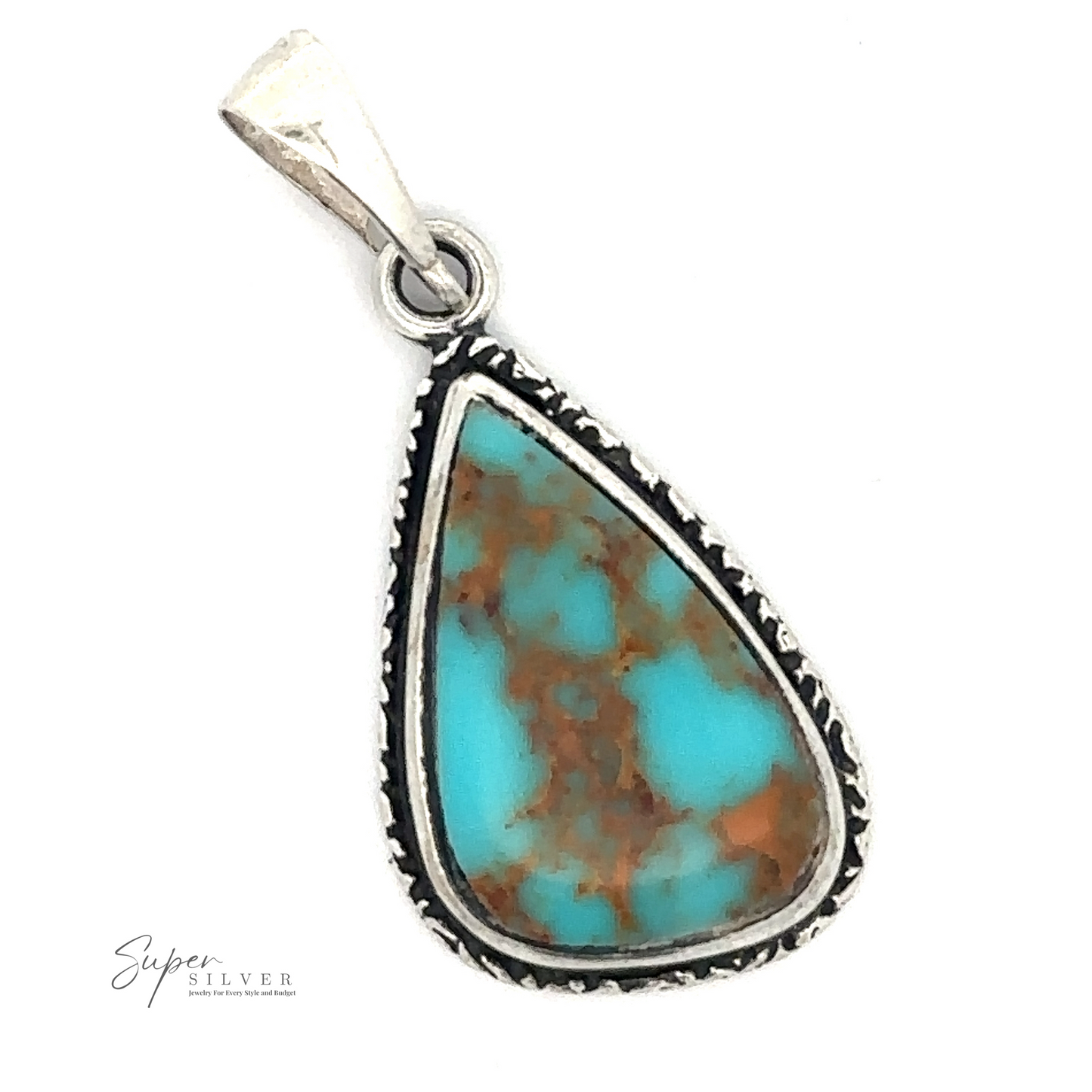 
                  
                    An Irregular Teardrop Bisbee Turquoise Pendant with Etched Border featuring a blue-green Bisbee Turquoise stone with brown veining from copper mines. The pendant includes an attached bail for a chain.
                  
                