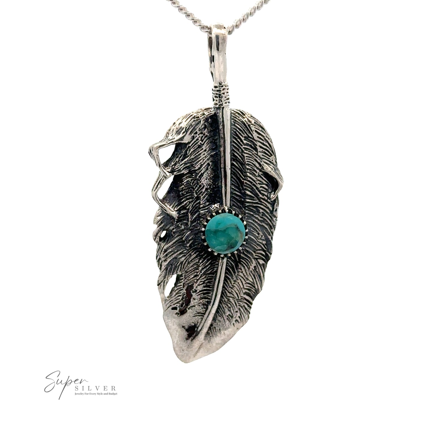 A Native Inspired Feather Pendant With Turquoise is displayed against a white background. The logo "Super Silver" is visible in the bottom left corner.