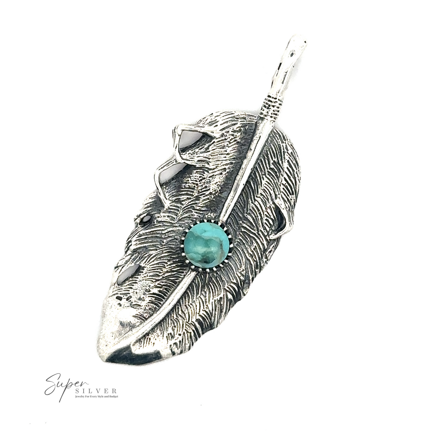 
                  
                    A Native Inspired Feather Pendant With Turquoise with intricate details and a natural turquoise stone in the center. The brand name "Super Silver" is visible in the bottom left corner, adding to its allure.
                  
                