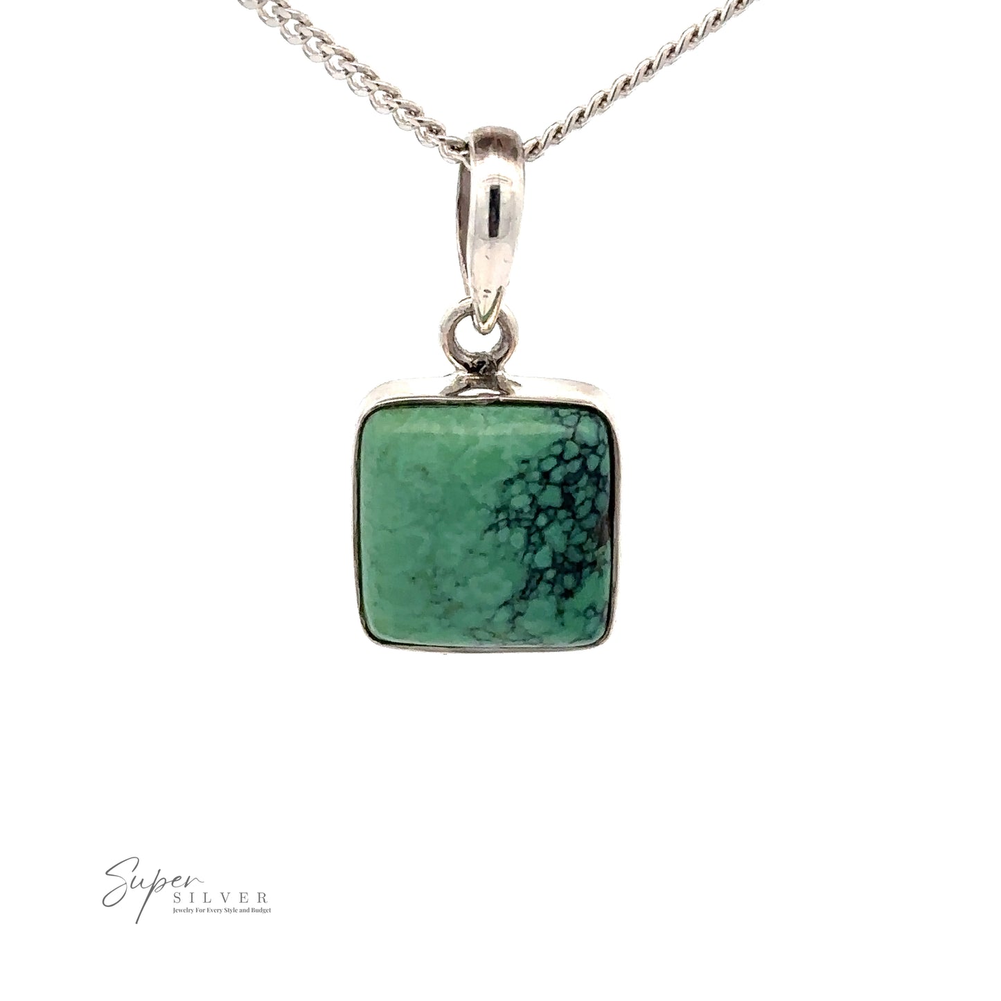 A silver necklace with a Natural Turquoise Square Pendant. The pendant has a web-like black pattern on a green background, hanging from a thin, twisted .925 Sterling Silver chain. Super Silver logo appears at the bottom left.