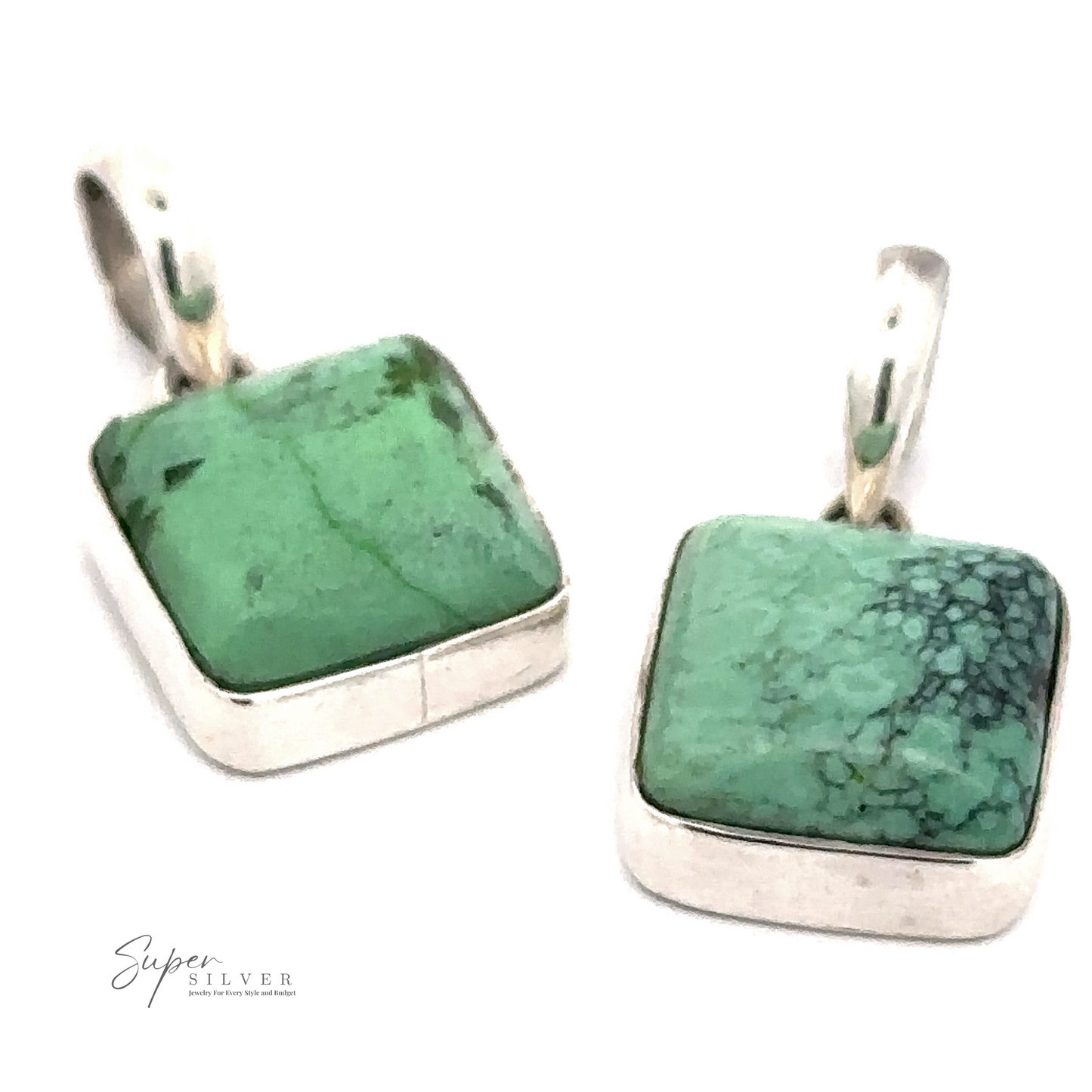 Two Natural Turquoise Square Pendants, each featuring a square green stone with marbled patterns. The minimalist design includes a loop for attaching to a chain and boasts the "Super Silver" logo in the corner. Crafted from .925 Sterling Silver, these pendants highlight natural turquoise stone accents.