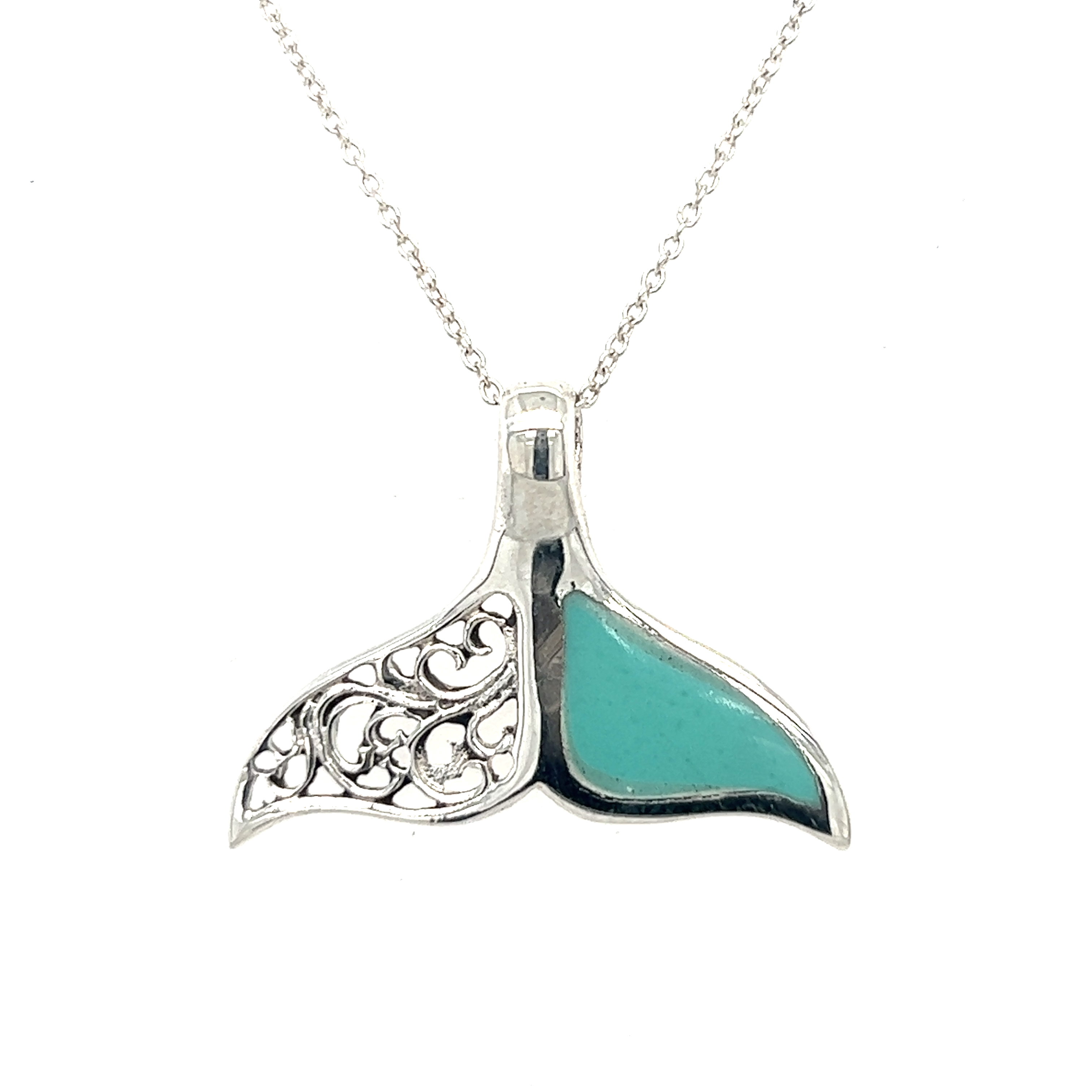 An inlay Half Filigree whale tail pendant paired with a sterling silver chain, perfect for ocean conservation enthusiasts and supporters of Oceana.