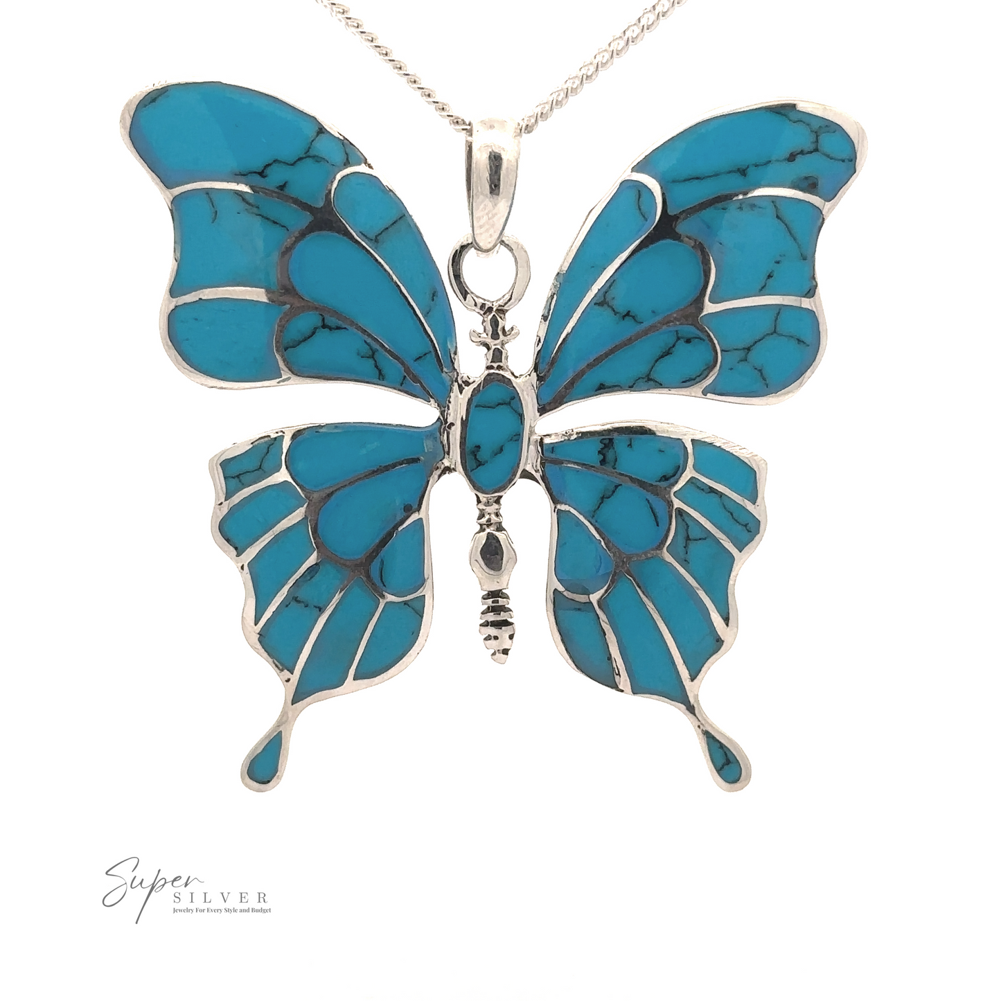 
                  
                    A Stunning Inlay Butterfly Pendant featuring a butterfly-shaped design with turquoise inlays, displayed against a white background.
                  
                