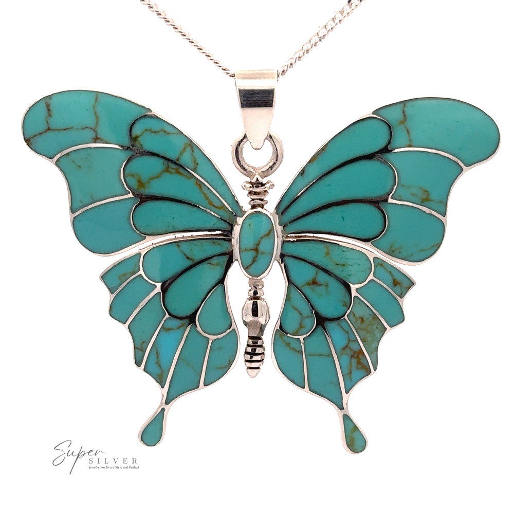 
                  
                    A Stunning Inlay Butterfly Pendant featuring a butterfly pendant adorned with turquoise inlays. The chain is visible against a plain white background, highlighting the intricate design of this exquisite turquoise jewelry piece.
                  
                