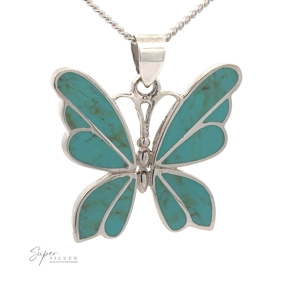 
                  
                    A butterfly-shaped Sterling Silver pendant with turquoise inlays on a silver chain. The image text reads "Super Silver." This exquisite piece of gemstone jewelry is perfect for any occasion. The product name for this item is Medium Inlay Butterfly Pendant.
                  
                