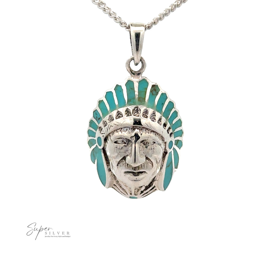 
                  
                    A .925 Sterling Silver necklace features a Turquoise Chief Head Pendant, beautifully adorned with turquoise stones in the headdress.
                  
                