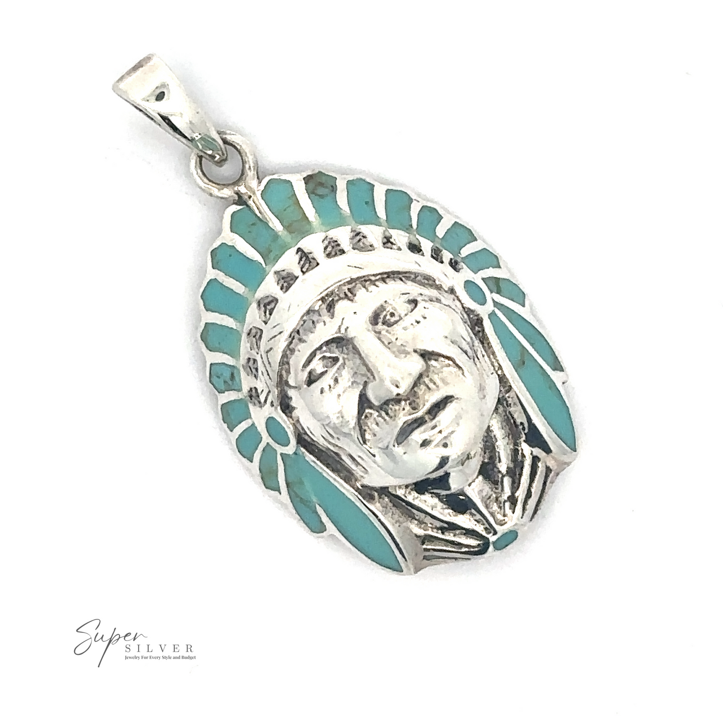 
                  
                    A stunning silver pendant featuring a detailed face adorned with a feathered headpiece and teal accents, this Turquoise Chief Head Pendant incorporates turquoise stones. The "Super Silver" logo is elegantly displayed in the bottom left corner.
                  
                